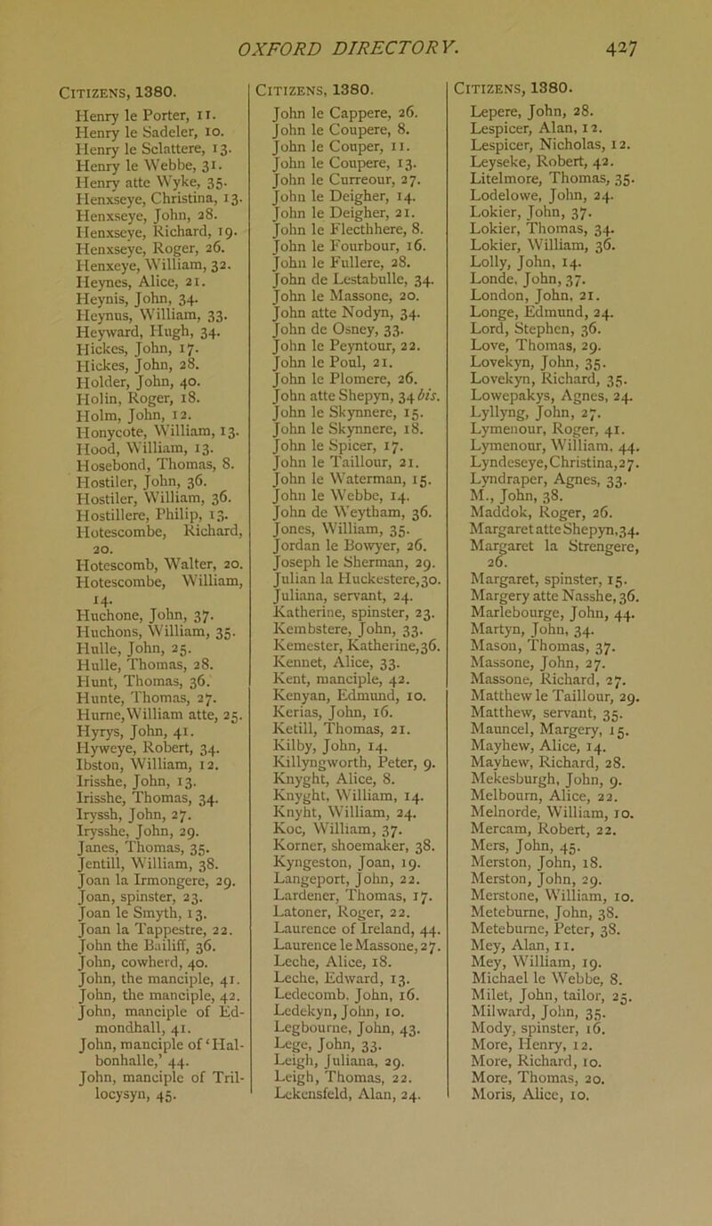 Citizens, 1380. Henry le Porter, II. Henry le Sadeler, 10. Henry le Sclattere, 13. Henry le Webbe, 31. Henry atte Wyke, 35. Henxseye, Christina, 13. Henxseye, John, 28. Henxseye, Richard, 19. Henxseye, Roger, 26. Henxeye, William, 32. Heynes, Alice, 21. Heynis, John, 34. Heynns, William, 33. Heyward, Hugh, 34. Hickes, John, 17. Hickes, John, 28. Holder, John, 40. I-Iolin, Roger, 18. Holm, John, 12. Honycote, William, 13. Hood, William, 13. Hosebond, Thomas, 8. Hostiler, John, 36. I-Iostiler, William, 36. Hostillere, Philip, 13. Hotescombe, Richard, 20. Hotescomb, Walter, 20. Hotescombe, William, 14- Huchone, John, 37. Huchons, William, 35. Hulle, John, 25. Hulle, Thomas, 28. Hunt, Thomas, 36. Hunte, Thomas, 27. Hurne,William atte, 25. Hyrys, John, 41. Ilyweye, Robert, 34. Ibston, William, 12. Irisshe, John, 13. Irisshe, Thomas, 34. Iryssh, John, 27. Irysshe, John, 29. Janes, Thomas, 35. Jentill, William, 38. Joan la Irmongere, 29. Joan, spinster, 23. Joan le Smyth, 13. Joan la Tappestre, 22. John the Bailiff, 36. John, cowherd, 40. John, the manciple, 41. John, the manciple, 42. John, manciple of Ed- mondhall, 41. John, manciple of‘Hal- bonhalle,’ 44. John, manciple of Tril- locysyn, 45. Citizens, 1380. John le Cappere, 26. John le Coupere, 8. John le Couper, 11. John le Coupere, 13. John le Curreour, 27. John le Deigher, 14. John le Deigher, 21. John le Flecthhere, 8. John le Fourbour, 16. John le Fullere, 28. John de Lestabulle, 34. John le Massone, 20. John atte Nodyn, 34. John de Osney, 33. John le Peyntour, 22. John le Poul, 21. John le Plomere, 26. John atte Shepyn, 34 bis. John le Skynnere, 15. John le Skynnere, 18. John le Spicer, 17. John le Taillour, 21. John le Waterman, 15. John le Webbe, 14. John de Weytham, 36. Jones, William, 35. Jordan le Bowyer, 26. Joseph le Sherman, 29. Julian la Huckestere,3o. Juliana, servant, 24. Katherine, spinster, 23. Kembstere, John, 33. Kemester, Katherine, 36. Kennet, Alice, 33. Kent, manciple, 42. Kenyan, Edmund, 10. Kerias, John, 16. Ketill, Thomas, 21. Kilby, John, 14. Killyngworth, Peter, 9. Knyght, Alice, 8. Knyght, William, 14. Knyht, William, 24. Koc, William, 37. Korner, shoemaker, 38. Kyngeston, Joan, 19. Langeport, John, 22. Lardener, Thomas, 17. Latoner, Roger, 22. Laurence of Ireland, 44. Laurence le Massone, 2 7. Leche, Alice, 18. Leche, Edward, 13. Ledecomb, John, 16. Ledekyn, John, to. Legbourne, John, 43. Lege, John, 33. Leigh, Juliana, 29. Leigh, Thomas, 22. Lekensfeld, Alan, 24. Citizens, 1380. Lepere, John, 28. Lespicer, Alan, 12. Lespicer, Nicholas, 12. Leyseke, Robert, 42. Litelmore, Thomas, 35. Lodelowe, John, 24. Lokier, John, 37. Lokier, Thomas, 34. Lokier, William, 36. Lolly, John, 14. Londe, John, 37. London, John, 21. Longe, Edmund, 24. Lord, Stephen, 36. Love, Thomas, 29. Lovekyn, John, 35. Lovekyn, Richard, 35. Lowepakys, Agnes, 24. Lyllyng, John, 27. Lymenour, Roger, 41. Lymenour, William. 44. Lyndeseye, Christina, 27. Lyndraper, Agnes, 33. M., John, 38. Maddok, Roger, 26. Margaret atte Shepyn,34. Margaret la Strengere, 26. Margaret, spinster, 15. Margery atte Nasshe, 36. Marlebourge, John, 44. Martyn, John, 34. Mason, Thomas, 37. Massone, John, 27. Massone, Richard, 27. Matthew le Taillour, 29. Matthew, servant, 35. Mauncel, Margery, 15. Mayhew, Alice, 14. Mayhew, Richard, 28. Mekesburgh, John, 9. Melboum, Alice, 22. Melnorde, William, 10. Mercam, Robert, 22. Mers, John, 45. Merston, John, 18. Merston, John, 29. Merstone, William, 10. Metebume, John, 38. Metebume, Peter, 38. Mey, Alan, 11. Mey, William, 19. Michael le Webbe, 8. Milet, John, tailor, 25. Mil ward, John, 35. Mody, spinster, 16. More, Henry, 12. More, Richard, 10. More, Thomas, 20. Moris, Alice, 10.