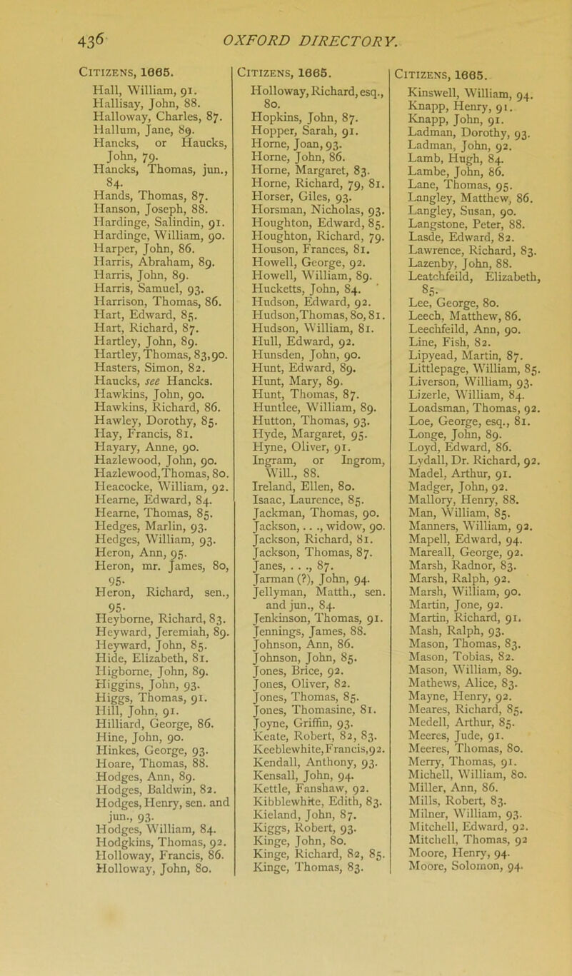 Citizens, 1805. Hall, William, 91. Hallisay, John, 88. Halloway, Charles, 87. Hallum, Jane, 89. Hancks, or Haucks, John, 79. Hancks, Thomas, jun., 84- Hands, Thomas, 87. Hanson, Joseph, 88. Hardinge, Salindin, 91. Hardinge, William, 90. Harper, John, 86. Harris, Abraham, 89. Harris, John, 89. Harris, Samuel, 93. Harrison, Thomas, 86. Hart, Edward, 85. Hart, Richard, 87. Hartley, John, 89. Hartley, Thomas, 83,90. Hasters, Simon, 82. Haucks, see Hancks. Hawkins, John, 90. Hawkins, Richard, 86. Hawley, Dorothy, 85. Hay, Francis, 81. Hayary, Anne, 90. Hazlewood, John, 90. Hazlewood,Thomas, 80. Heacocke, William, 92. Ileame, Edward, 84. Hearae, Thomas, 85. Fledges, Marlin, 93. Hedges, William, 93. Heron, Ann, 95. Fleron, mr. James, 80, 95- Heron, Richard, sen., 95- Heybome, Richard, 83. Fleyward, Jeremiah, 89. Heyward, John, 85. Hide, Elizabeth, 81. Fligbome, John, 89. Higgins, John, 93. Higgs, Thomas, 91. Hill, John, 91. Hilliard, George, 86. Hinc, John, 90. Flinkes, George, 93. Hoare, Thomas, 88. Hodges, Ann, 89. Hodges, Baldwin, 82. Hodges, Flenry, sen. and jun., 93. Hodges, William, 84. Hodgkins, Thomas, 92. Flolloway, Francis, 86. Flolloway, John, 80. Citizens, 1065. Holloway, Richard, esq., 80. Hopkins, John, 87. Hopper, Sarah, 91. Horne, Joan, 93. Home, John, 86. Home, Margaret, 83. Florne, Richard, 79, 81. Horser, Giles, 93. Florsman, Nicholas, 93. Houghton, Edward, 85. Houghton, Richard, 79. Houson, Frances, 81. Howell, George, 92. Howell, William, 89. Hucketts, John, 84. FIndson, Edward, 92. Fludson,Thomas, 80,81. Hudson, William, 81. Hull, Edward, 92. Hunsden, John, 90. Hunt, Edward, 89. Hunt, Mary, 89. Hunt, Thomas, 87. Huntlee, William, 89. Hutton, Thomas, 93. Flyde, Margaret, 95. Hyne, Oliver, 91. Ingram, or Ingrom, Will., 88. Ireland, Ellen, 80. Isaac, Laurence, 85. Jackman, Thomas, 90. Jackson,.. ., widow, 90. Jackson, Richard, 81. Jackson, Thomas, 87. Janes, . . ., 87. Jarman (?), John, 94. Jellyman, Matth., sen. and jun., 84. Jenkinson, Thomas, 91. Jennings, James, 88. Johnson, Ann, 86. Johnson, John, 85. Jones, Brice, 92. Jones, Oliver, 82. Jones, Thomas, 85. Jones, Thomasine, 81. Joyne, Griffin, 93. Keate, Robert, 82, S3. Keeblewhite, Francis,92. Kendall, Anthony, 93. Kensall, John, 94. Kettle, Fanshaw, 92. KibblewhRe, Edith, 83. Kieland, John, 87. Riggs, Robert, 93. Kinge, John, 80. Kinge, Richard, 82, 85. Kinge, Thomas, 83. Citizens, 1885. Kinswell, William, 94. Knapp, Henry, 91. Knapp, John, 91. Ladman, Dorothy, 93. Ladman, John, 92. Lamb, Hugh, 84. Lambe, John, 86. Lane, Thomas, 95. Langley, Matthew, 86. Langley, Susan, 90. Langstone, Peter, 88. Lasde, Edward, 82. Lawrence, Richard, 83. Lazenby, John, 88. Leatchfeild, Elizabeth, 85- Lee, George, 80. Leech, Matthew, 86. Leechfeild, Ann, 90. Line, Fish, 82. Lipyead, Martin, 87. Littlepage, William, 85. Liverson, William, 93. Lizerle, William, 84. Loadsman, Thomas, 92. Loe, George, esq., 81. Longe, John, 89. Loyd, Edward, 86. Lydail, Dr. Richard, 92. Madel, Arthur, 91. Madger, John, 92. Mallory, Flenry, 88. Man, William, 85. Manners, William, 92. Mapell, Edward, 94. Mareall, George, 92. Marsh, Radnor, 83. Marsh, Ralph, 92. Marsh, William, 90. Martin, Jone, 92. Martin, Richard, 91. Mash, Ralph, 93. Mason, Thomas, 83. Mason, Tobias, 82. Mason, William, 89. Mathews, Alice, 83. Mayne, Henry, 92. Meares, Richard, 85. Medell, Arthur, 85. Meeres, Jude, 91. Meeres, Thomas, So. Merry, Thomas, 91. Michell, William, 80. Miller, Ann, 86. Mills, Robert, 83. Milner, William, 93. Mitchell, Edward, 92. Mitchell, Thomas, 92 Moore, Henry, 94. Moore, Solomon, 94.