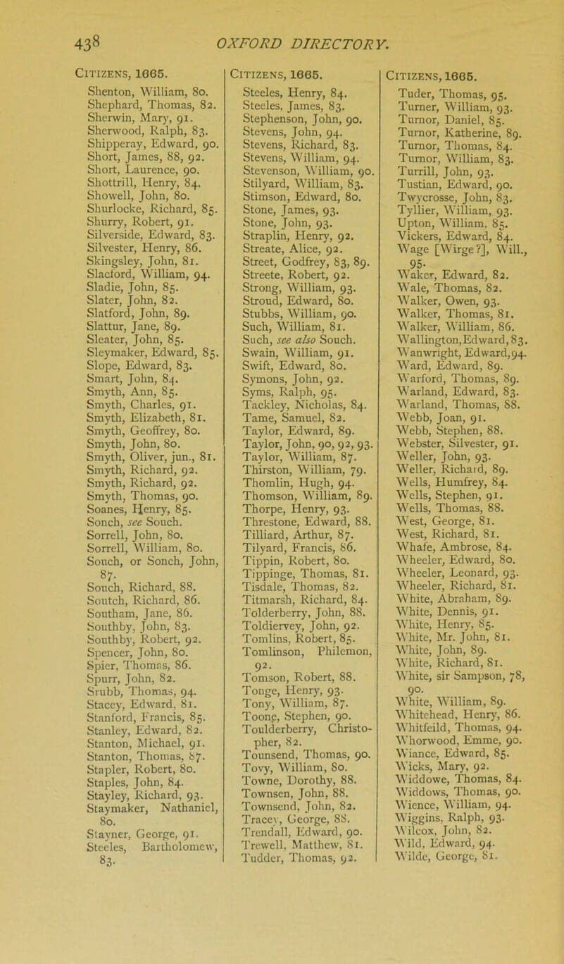 Citizens, 1665. Shenton, William, 80. Shephard, Thomas, 82. Sherwin, Mar)', 91. Sherwood, Ralph, 83. Shipperay, Edward, 90. Short, James, 88, 92. Short, Laurence, 90. Shottrill, Henry, 84. Showell, John, 80. Shurlocke, Richard, 85. Shurry, Robert, 91. Silverside, Edward, 83. Silvester, Henry, 86. Skingsley, John, 81. Slacford, William, 94. Sladie, John, 85. Slater, John, 82. Slatford, John, 89. Slattur, Jane, 89. Sleater, John, 85. Sleymaker, Edward, 85. Slope, Edward, 83. Smart, John, 84. Smyth, Ann, 85. Smyth, Charles, 91. Smyth, Elizabeth, 81. Smyth, Geoffrey, 80. Smyth, John, 80. Smyth, Oliver, jun., 81. Smyth, Richard, 92. Smyth, Richard, 92. Smyth, Thomas, 90. Soanes, Henry, 85. Sonch, see Souch. Sorrell, John, 80. Sorrell, William, 80. Souch, or Sonch, John, 87. Souch, Richard, 88. Soutch, Richard, 86. Southam, Jane, 86. Southby, John, 83. Southby, Robert, 92. Spencer, John, 80. Spier, Thomas, 86. Spurr, John, 82. Srubb, Thomas, 94. Stacey, Edward, 81. Stanford, Francis, 85. Stanley, Edward, 82. Stanton, Michael, 91. Stanton, Thomas, 87. Stapler, Robert, 80. Staples, John, 84. Stayley, Richard, 93. Staymaker, Nathaniel, 80. Stayner, George, 91. Steeles, Bartholomew, 83- Citizens, 1665. Steeles, Henry, 84. Steeles, James, 83. Stephenson, John, 90. Stevens, John, 94. Stevens, Richard, 83. Stevens, William, 94. Stevenson, William, 90. Stilyard, William, 83. Stimson, Edward, 80. Stone, James, 93. Stone, John, 93. Straplin, Henry, 92. Streate, Alice, 92. Street, Godfrey, 83, 89. Streete, Robert, 92. Strong, William, 93. Stroud, Edward, 80. Stubbs, William, 90. Such, William, 81. Such, see also Souch. Swain, William, 91. Swift, Edward, 80. Symons, John, 92. Syms, Ralph, 95. Tackley, Nicholas, 84. Tame, Samuel, 82. Taylor, Edward, 89. Taylor, John, 90,92, 93. Taylor, William, 87. Thirston, William, 79. Thomlin, Hugh, 94. Thomson, William, 89. Thorpe, Henry, 93. Threstone, Edward, 88. Tilliard, Arthur, 87. Tilyard, Francis, 86. Tippin, Robert, 80. Tippinge, Thomas, 81. Tisdale, Thomas, 82. Titmarsh, Richard, 84. Tolderberry, John, 88. Toldiervey, John, 92. Tomlins, Robert, 85. Tomlinson, Philemon, 92. Tomson, Robert, 88. Tonge, Henry, 93. Tony, William, 87. Toon.e, Stephen, 90. Toulderberry, Christo- pher, 82. Tounsend, Thomas, 90. Tovy, William, So. Towne, Dorothy, 88. Townsen, John, 88. Townsend, John, 82. Tracey, George, 88. Trcndall, Edward, 90. Trewell, Matthew, 81. Tudder, Thomas, 92. Citizens, 1665. Tuder, Thomas, 95. Turner, William, 93. Tumor, Daniel, 85. Turnor, Katherine, 89. Tumor, Thomas, 84. Turnor, William, 83. Turrill, John, 93. Tustian, Edward, 90. Twycrosse, John, 83. Tyllier, William, 93. Upton, William. 85. Vickers, Edward, 84. Wage [Wirge?], Will., 95- Waker, Edward, 82. Wale, Thomas, 82. Walker, Owen, 93. Walker, Thomas, 81. Walker, William, 86. Wallington,Edward, 83. Wanwright, Edward,94. Ward, Edward, 89. Warford, Thomas, 89. Warland, Edward, 83. Warland, Thomas, S8. Webb, Joan, 91. Webb, Stephen, 88. Webster, Silvester, 91. Weller, John, 93. Weller, Richard, 89. Wells, Humfrey, 84. Wells, Stephen, 91. Wells, Thomas, 88. West, George, 81. West, Richard, 81. Whafe, Ambrose, 84. Wheeler, Edward, 80. Wheeler, Leonard, 93. Wheeler, Richard, 81. White, Abraham, 89. White, Dennis, 91. White, Henry, 85. White, Mr. John, 81. White, John, 89. White, Richard, 81. White, sir Sampson, 78, 90- White, William, 89. Whitehead, Henry, 86. Whitfeild, Thomas, 94. Whorwood, Emme, 90. Wiance, Edward, 85. Wicks, Mary, 92. Widdowe, Thomas, 84. Widdows, Thomas, 90. Wicnce, William, 94. Wiggins, Ralph, 93. Wilcox, John, 82. Wild, Edward, 94. Wilde, George, 81.