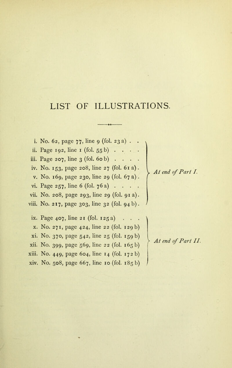 LIST OF ILLUSTRATIONS. i. No. 62, page 77, line 9 (fol. 23 a) . ii. Page 192, line 1 (fol. 55 b) . . . iii. Page 207, line 3 (fol. 60 b) . . . iv. No. 153, page 208, line 27 (fol. 61 a) v. No. 169, page 230, line 29 (fol. 67 a) vi. Page 257, line 6 (fol. 76 a) . . . vii. No. 208, page 293, line 29 (fol. 91a) viii. No. 217, page 303, line 32 (fol. 94 b) v At end of Part I. / ix. Page 407, line 21 (fol. 125 a) . . . x. No. 271, page 424, line 22 (fol. 129 b) xi. No. 370, page 542, line 25 (fol. 159 b) xii. No. 399, page 569, line 22 (fol. 165 b) xiii. No. 449, page 604, line 14 (fol. 172 b) xiv. No. 508, page 667, line 10 (fol. 185 b) >■ At end of Part II.