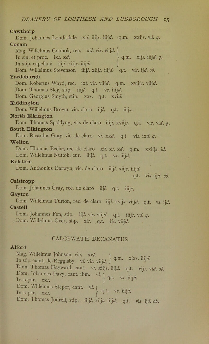 Cawthorp Dom. Johannes Londisdale xi/. iiijr. iiij*/. q.m. xxijr. vd. q. Conam Mag. Willelmus Cramok, rec. xi/. vir. viij\d. In stip. capellani iiij/. xiijr. iiij*/. Dom. Willelmus Stevenson iiij/. xiijr. iiij*/. q.t. vir. ijd. ob. Yardeburgh Dom. Robertus Wayd, rec. ix/. vir. viij*/. q.m. xviijr. viij*/. Dom. Thomas Sley, stip. iiij/. q.t. vr. iiij*/. Dom. Georgius Smyth, stip. xxr. q.t. xvi*/. Kiddington Dom. Willelmus Brown, vie. claro iij/. q.t. iiijr. North Elkington Dom. Thomas Spaldyng, vie. de claro iiij/. xviijr. q.t. vir. \id. q. South Elkington Dom. Ricardus Gray, vie. de claro v/. xxd. q.t. vir. ixd. q. Welton Dom. Thomas Beche, rec. de claro xi/. xr. xd. q.m. xxiijr. id. Dom. Willelmus Nuttok, cur. iiij/. q.t. vr. iiijd. Kelstern Dom. Anthonius Darwyn, vie. de claro iiij/. xiijr. iiij*/. Calstropp Dom. Johannes Gray, rec. de claro iij/. q.t. iiijr. Gayton Dom. Willelmus Turton, rec. de claro iij/. xvijr. viij*/. q.t. vr. ijd. Castell Dom. Johannes Fen, stip. iij/. vir. viij</. q.t. iiijr. \d. q. Dom. Willelmus Over, stip. xlr. q.t. ijr. viij</. Alford Mag. Willelmus Johnson, vie. xv/. 1 In stip. curati de Reggisby v/. vir. viij*/. J xlx,r- Dom. Thomas Hayward, cant. v/. xiijr. iiij*/. q.t. vijr. vid. ob. Dom. Johannes Davy, cant. ibm. Dom. 1 homas Jodrell, stip. iiij/. xiijr. iiij*/. q.t. vir. ij*/. ob. In sin. et proc. ixr. xd. ■ q.m. xijr. iiij*/. q. q.t. vir. ij*/. ob. CALCEWATH DECANATUS In repar. xxr. Dom. Willelmus Steper, cant. v/. In repar. xxr.