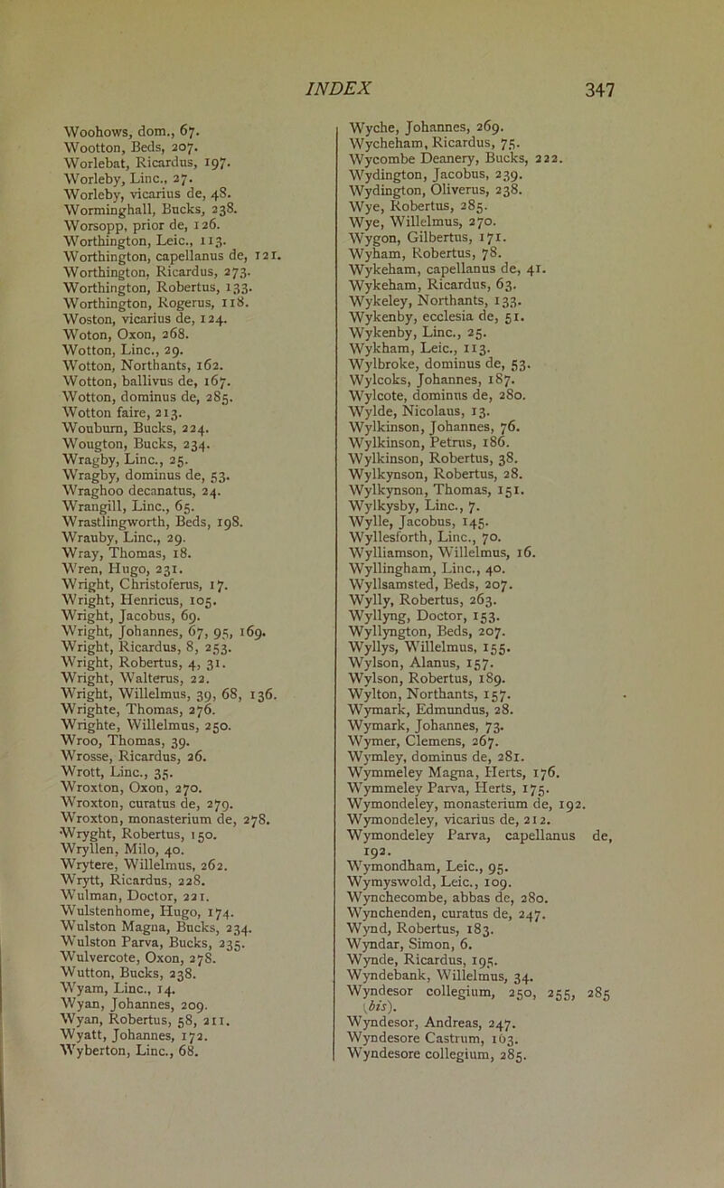 Woohows, dom., 67. Wootton, Beds, 207. Worlebat, Ricardus, 197. Worleby, Line., 27. Worleby, vicarius de, 48. Worminghall, Bucks, 238. Worsopp, prior de, 126. Worthington, Leic., 113. Worthington, capellanus de, 121. Worthington, Ricardus, 273. Worthington, Robertus, 133. Worthington, Rogerus, 1x8. Woston, vicarius de, 124. Woton, Oxon, 268. Wotton, Line., 29. Wotton, Northants, 162. Wotton, ballivus de, 167. Wotton, dominus de, 285. Wotton faire, 213. Woubum, Bucks, 224. Wougton, Bucks, 234. Wragby, Line., 25. Wragby, dominus de, 53. Wraghoo decanatus, 24. Wrangill, Line., 65. Wrastlingworth, Beds, 198. Wrauby, Line., 29. Wray, Thomas, 18. Wren, Hugo, 231. Wright, Christoferus, 17. Wright, Henricus, 105. Wright, Jacobus, 69. Wright, Johannes, 67, 95, 169. Wright, Ricardus, 8, 253. Wright, Robertus, 4, 31. Wright, Walterus, 22. Wright, Willelmus, 39, 68, 136. Wrighte, Thomas, 276. Wrighte, Willelmus, 250. Wroo, Thomas, 39. Wrosse, Ricardus, 26. Wrott, Line., 35. Wroxton, Oxon, 270. Wroxton, curatus de, 279. Wroxton, monasterium de, 278. Wryght, Robertus, 150. Wryllen, Milo, 40. Wrytere, Willelmus, 262. Wrytt, Ricardus, 228. Wulman, Doctor, 221. Wulstenhome, Hugo, 17.4. Wulston Magna, Bucks, 234. Wulston Parva, Bucks, 235. Wulvercote, Oxon, 278. Wutton, Bucks, 238. Wyam, Line., 14. Wyan, Johannes, 209. Wyan, Robertus, 58, 211. Wyatt, Johannes, 172. Wyberton, Line., 68. Wyche, Johannes, 269. Wycheham, Ricardus, 75. Wycombe Deanery, Bucks, 222. Wydington, Jacobus, 239. Wydington, Oliverus, 238. Wye, Robertus, 285. Wye, Willelmus, 270. Wygon, Gilbertus, 171. Wyham, Robertus, 78. Wykeham, capellanus de, 41. Wykeham, Ricardus, 63. Wykeley, Northants, 133. Wykenby, ecclesia de, 51. Wykenby, Line., 25. Wykham, Leic., 113. Wylbroke, dominus de, 53. Wylcoks, Johannes, 187. Wylcote, dominus de, 280. Wylde, Nicolaus, 13. Wylkinson, Johannes, 76. Wylkinson, Petrus, 186. Wylkinson, Robertus, 38. Wylkynson, Robertus, 28. Wylkynson, Thomas, 151. Wylkysby, Line., 7. Wylie, Jacobus, 145. Wyllesforth, Line., 70. Wylliamson, Willelmus, 16. Wyllingham, Line., 40. Wyllsamsted, Beds, 207. Wylly, Robertus, 263. Wyllyng, Doctor, 153. Wyllyngton, Beds, 207. Wyllys, Willelmus, 155. Wylson, Alanus, 157. Wylson, Robertus, 189. Wylton, Northants, 157. Wymark, Edmundus, 28. Wymark, Johannes, 73. Wymer, Clemens, 267. Wymley, dominus de, 281. Wymmeley Magna, Herts, 176. Wymmeley Parva, Herts, 175. Wymondeley, monasterium de, 192. Wymondeley, vicarius de, 212. Wymondeley Parva, capellanus de, 192. Wymondham, Leic., 95. Wymyswold, Leic., 109. Wynchecombe, abbas de, 280. Wynchenden, curatus de, 247. Wynd, Robertus, 183. Wyndar, Simon, 6. Wynde, Ricardus, 195. Wyndebank, Willelmus, 34. Wyndesor collegium, 250, 255, 283 1Ms)- Wyndesor, Andreas, 247. Wyndesore Castrum, 163. Wyndesore collegium, 285.