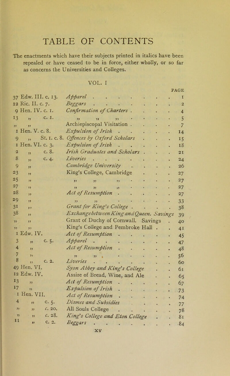 TABLE OF CONTENTS The enactments which have their subjects printed in italics have been repealed or have ceased to be in force, either wholly, or so far as concerns the Universities and Colleges. VOL. I PAGE 37 Edw. III. c. 13. Apparel ....... I 12 Ric. II. c. 7. Beggars 2 9 Hen. IV. c. i. Confirmation of Charters .... 4 13 „ C. I. 99 99 99 ••• • 5 » » Archiepiscopal Visitation .... 7 I Hen. V. c. 8. Expulsio7i of Irish 14 9 „ St. I. c. 8. Offences by Oxford Scholars 15 I Hen. VI. c. 3. Expulsion of Irish 18 2 „ c. 8. Irish Graduates and Scholars . 21 8 „ c. 4. Liveries 24 9 ,, Cambridge University .... 26 23 » King’s College, Cambridge 27 25 » » » >>•••• 27 27 „ )» » ,>•••• 27 28 „ Act of Resumption ..... 27 29 » ,, 1, ..... 33 31 Grant for King's College .... 38 38 „ Exchange between King and Queeft. Savings 39 9) )) Grant of Duchy of Cornwall. Savings 40 99 99 King’s College and Pembroke Hall . 41 I Edw. IV. Act of Resumption ..... 45 3 „ c. 5. Apparel 47 4 Act of Resumption 48 7 99 » • • . . , 56 8 „ c. 2. Liveries 60 49 Hen. VI. Syon Abbey and King’s College 61 12 Edw. IV. Assize of Bread, Wine, and Ale 65 13 „ Act of Resumption 67 17 „ Expulsiori of Irish 73 I Hen. VII. Act of Resumption 74 4 c. 5. Dismes and Subsidies .... 77 » » c. 20. All Souls College ..... 78 » » c. 28. King's College and Eton College 81 » c. 2. Beggars 84