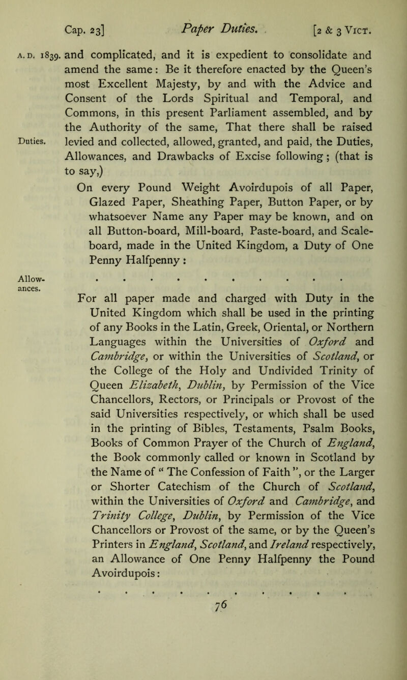 Cap. 23] Paper Duties, . [2 «fe 3 Vict. A. D. 1839. and complicated, and it is expedient to consolidate and amend the same: Be it therefore enacted by the Queen’s most Excellent Majesty, by and with the Advice and Consent of the Lords Spiritual and Temporal, and Commons, in this present Parliament assembled, and by the Authority of the same. That there shall be raised Duties. levied and collected, allowed, granted, and paid, the Duties, Allowances, and Drawbacks of Excise following; (that is to say,) On every Pound Weight Avoirdupois of all Paper, Glazed Paper, Sheathing Paper, Button Paper, or by whatsoever Name any Paper may be known, and on all Button-board, Mill-board, Paste-board, and Scale- board, made in the United Kingdom, a Duty of One Penny Halfpenny: Allow- ances. For all paper made and charged with Duty in the United Kingdom which shall be used in the printing of any Books in the Latin, Greek, Oriental, or Northern Languages within the Universities of Oxford and Camh'idgey or within the Universities of Scotland^ or the College of the Holy and Undivided Trinity of Queen Elizabeth^ Duhliny by Permission of the Vice Chancellors, Rectors, or Principals or Provost of the said Universities respectively, or which shall be used in the printing of Bibles, Testaments, Psalm Books, Books of Common Prayer of the Church of England^ the Book commonly called or known in Scotland by the Name of “ The Confession of Faith ”, or the Larger or Shorter Catechism of the Church of Scotland^ within the Universities of Oxford and Cambridge^ and Trinity College^ Dublin^ by Permission of the Vice Chancellors or Provost of the same, or by the Queen’s Printers in England^ Scotland^ and Ireland respectively, an Allowance of One Penny Halfpenny the Pound Avoirdupois: