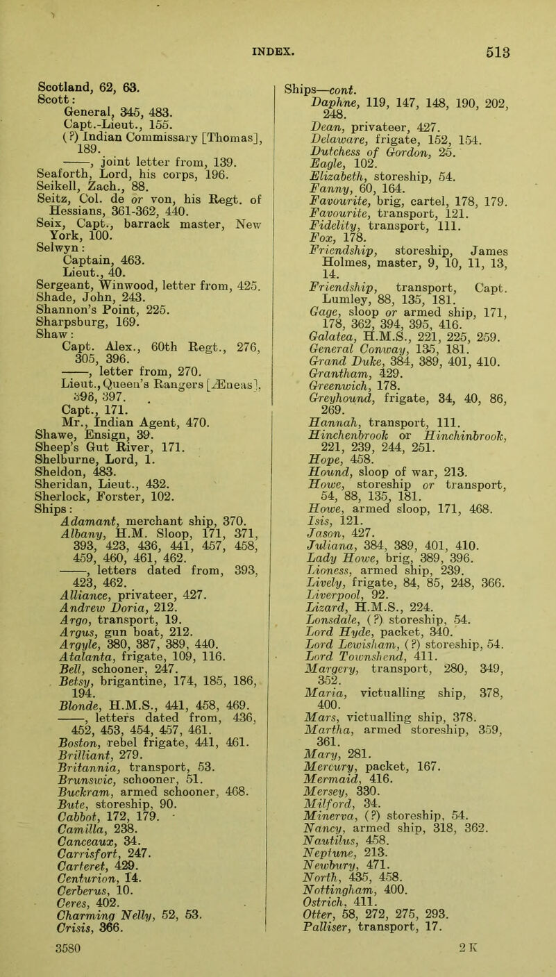 Scotland, 62, 63. Scott: General, 345, 483. Capt.-Lieut., 155. (P) Indian Commissary [Thomas!, 189. j , joint letter from, 139. Seaforth, Lord, his corps, 196. Seikell, Zach., 88. Seitz, Col. de or von, his Regt. of Hessians, 361-362, 440. Seix, Capt., barrack master, New York, 100. Selwyn: Captain, 463. Lieut., 40. Sergeant, Winwood, letter from, 425. Shade, John, 243. Shannon’s Point, 225. Shai'psburg, 169. Shaw: Capt. Alex., 60th Regt., 276, 305, 396. , letter from, 270. Lieut., Queen’s Rangers [^ueasl, ;:i96, 397. Capt., 171. Mr., Indian Agent, 470. Shawe, Ensign, 39. Sheep’s Gut River, 171. Shelburne, Lord, 1. Sheldon, 483. Sheridan, Lieut., 432. Sherlock, Foi-ster, 102. Ships: Adamant, merchant ship, 370. Albany, H.M. Sloop, 171, 371, 393, 423, 436, 441, 457, 458, 459, 460, 461, 462. , letters dated from, 393, 423, 462. Alliance, privateer, 427. Andrew Doria, 212. Argo, transport, 19. Argus, gun boat, 212. Argyle, 380, 387 , 389, 440. Atalanta, frigate, 109, 116. Bell, schooner, 247. Betsy, brigantine, 174, 185, 186, 194. Blonde, H.M.S., 441, 458, 469. , letters dated from, 436, 452, 453, 454, 457, 461. Boston, rebel frigate, 441, 461. Brilliant, 279. Britannia, transport, 53. Brunswic, schooner, 51. Buckram, armed schooner, 468. Bute, storeship, 90. Cabbot, 172, 179. ■ Camilla, 238. Canceaux, 34. Carrisfort, 247. Carteret, 429. Centurion, 14. Cerberus, 10. Ceres, 402. Charming Nelly, 52, 53. Crisis, 366. Ships—cont. Daphne, 119, 147, 148, 190, 202, 248. Dean, privateer, 427. Delaware, frigate, 152, 154. Dutchess of Gordon, 25. Eagle, 102. Elizabeth, storeship, 54. Fanny, 60, 164. Favourite, brig, cartel, 178, 179. Favourite, transport, 121. Fidelity, transport. 111. Fox, 178. Friendship, storeship, James Holmes, master, 9, 10, 11, 13, 14. Friendship, transport, Capt. Lumley, 88, 135, 181. Gage, sloop or armed ship, 171, 178, 362, 394, 395, 416. Galatea, H.M.S., 221, 225, 259. General Conway, 135, 181. Grand Duke, 3^, 389, 401, 410. Grantham, 429. Greenwich, 178. Greyhound, frigate, 34, 40, 86, 269. Hannah, transport. 111. Hinchenbrook or Hinchinbrook, 221, 239, 244, 251. Hope, 458. Hound, sloop of war, 213. Howe, storeship or transport, 54, 88, 135, 181. Howe, armed sloop, 171, 468. Isis, 121. Jason, 427. Juliana, 384, 389, 401, 410. Lady Howe, brig, 389, 396. Lioness, armed ship, 239. Lively, frigate, 84, 85, 248, 366. Liverpool, 92. Lizard, H.M.S., 224. Lonsdale, (?) storeship, 54. Lord Hyde, packet, 340. Lord Lewisham, (?) storeship, 54. Lord Townshcnd, 411. Margery, transport, 280, 349, 352. Maria, victualling ship, 378, 400. Mars, victualling ship, 378. Martha, armed storeship, 359, 361. Mary, 281. Mercury, packet, 167. Mermaid, 416. Mersey, 330. Milford, 34. Minerva, (?) storeship, 54. Nancy, armed ship, 318, 362. Nautilus, 458. Neptune, 213. Newbury, 471. North, 435, 458. Nottingham, 400. Ostrich, 411. Otter, 58, 272, 275, 293. Palliser, transport, 17. 3580 2K