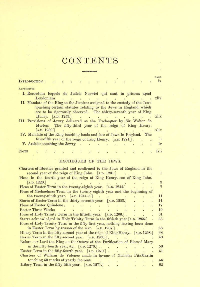 CONTENTS PAGE Introduction . . . . , ix Appendices I. Recordum loquele de Judeis Norwici qui sunt in prisona apud Londoniam xliv II. Mandate of the King to the Justices assigned to the custody of the Jews touching certain statutes relating to the Jews in England, which are to be rigorously observed. The thirty-seventh year of King Henry, [a.d. 1253.] xlix III. Provisions of Jewry delivered at the Exchequer by Sir Walter de Merton. The fifty-third year of the reign of King Henry. [a.d. 1269.] xlix IY. Mandate of the King touching lands and fees of Jews in England. The fifty-fifth year of the reign of King Henry, [a.d. 1271.] ^ li V. Articles touching the Jewry lv Note Ixii EXCHEQUER OF THE JEWS. Charters of liberties granted and confirmed to the Jews of England in the second year of the reign of King John. [a.d. 1201.] .... 1 Pleas in the fourth year of the reign of King Henry, son of King John. [a.d. 1220.] 3 Pleas of Easter Term in the twenty-eighth year. [a.d. 1244.] ... 7 Pleas of Michaelmas Term in the twenty-eighth year and the beginning of the twenty-ninth year. [a.d. 1244-5.] ....... 11 Starrs of Easter Term in the thirty-seventh year. [a.d. 1253.] ... 14 Pleas of Easter Quindene ........... 17 Easter Three Weeks ........... 19 Pleas of Holy Trinity Term in the fiftieth year. [a.d. 1266.] .... 31 Starrs acknowledged in Holy Trinity Term in the fiftieth year [a.d. 1266.] . 33 Pleas of Holy Trinity Term in the fifty-first year, nothing having been done in Easter Term by reason of the war. [a.d. 1267.] ..... 36 Hilary Term in the fifty-second year of the reign of King Henry, [a.d. 1268.] 38 Easter Term in the fifty-second year. [a.d. 1268.] 48 Before our Lord the King on the Octave of the Purification of Blessed Mary in the fifty-fourth year, &c. [a.d. 1270.] ....... 50 Easter Term in the fifty-fourth year. [a.d. 1270.] 51 Charters of William de Valence made in favour of Nicholas FitzMartin touching 50 marks of yearly fee-rent ... ... 56 Hilary Term in the fifty-fifth year. [a.d. 1271.] . . ... 62