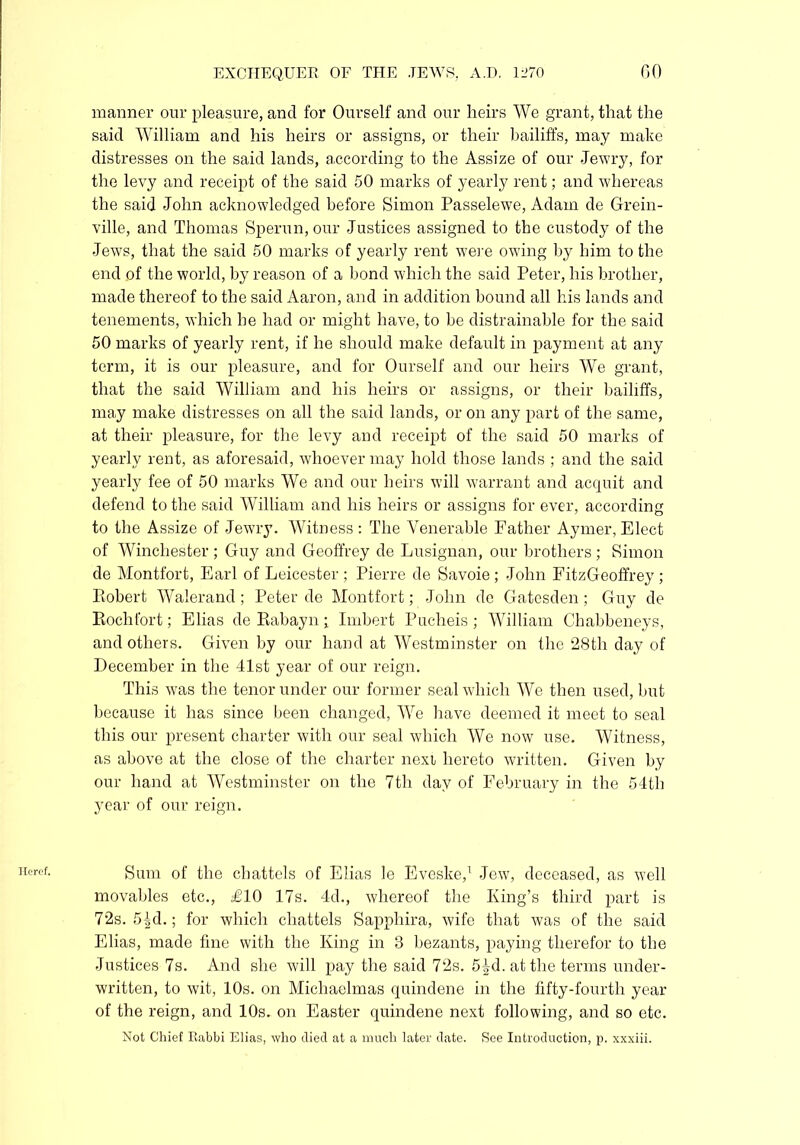 Heref. manner our pleasure, and for Ourself and our heirs We grant, that the said William and his heirs or assigns, or their bailiffs, may make the levy and receipt of the said 50 marks of yearly rent; and whereas the said John acknowledged before Simon Passelewe, Adam de Grein- ville, and Thomas Sperun, our Justices assigned to the custody of the Jews, that the said 50 marks of yearly rent were owing by him to the end of the world, by reason of a bond which the said Peter, his brother, made thereof to the said Aaron, and in addition bound all his lands and tenements, which he had or might have, to be distrainable for the said 50 marks of yearly rent, if he should make default in payment at any term, it is our pleasure, and for Ourself and our heirs We grant, that the said William and his heirs or assigns, or their bailiffs, ma,y make distresses on all the said lands, or on any part of the same, at their pleasure, for the levy and receipt of the said 50 marks of yearly rent, as aforesaid, whoever may hold those lands ; and the said yearly fee of 50 marks We and our heirs will warrant and acquit and defend to the said William and his heirs or assigns for ever, according to the Assize of Jewry. AVitness : The Venerable Father Aymer, Elect of Winchester ; Guy and Geoffrey de Lusignan, our brothers ; Simon de Montfort, Earl of Leicester ; Pierre de Savoie ; John FitzGeoffrey; Robert Walerand; Peter de Montfort; John de Gatesden; Guy de Rochfort; Elias de Rabayn • Imbert Pucheis ; William Chabbeneys, and others. Given by our hand at Westminster on the 28th day of December in the 41st year of our reign. This was the tenor under our former seal which We then used, but because it has since been changed, We have deemed it meet to seal this our present charter with our seal which We now use. Witness, as above at the close of the charter next hereto written. Given by our hand at Westminster on the 7th day of February in the 54th year of our reign. Sum of the chattels of Elias le Eveske,1 Jew, deceased, as well movables etc., £10 17s. 4d., whereof the King’s third part is 72s. 5|d.; for which chattels Sapphira, wife that was of the said Elias, made fine with the King in 3 bezants, paying therefor to the Justices 7s. And she will pay the said 72s. 5^d. at the terms under- written, to wit, 10s. on Michaelmas quindene in the fifty-fourth year of the reign, and 10s. on Easter quindene next following, and so etc. Not Chief Rabbi Elias, who died at a much later date. See Introduction, p. xxxiii.