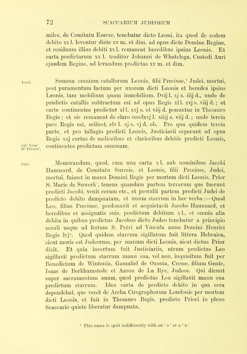 Loud. cat’ Leon’ fil’ Prccius*. Surr. miles, de Comitatu Essexe, tenebatur dicto Leoni, ita quod de eodem debito xx 1. leventur dicte xv m. et dim. ad opus dicte Domine Eegine, et residuum illius debiti xxl. remaneat heredibus ipsius Leonis. Et carta predictarum xx 1. traditur Johanni de Whatelega, Custodi Auri ejusdem Eegine, ad levandum predictas xv m. et dim. Summa omnium catallorum Leonis, filii Preciuse,1 Judei, mortui, post puramentum factum per uxorem dicti Leonis et heredes ipsius Leonis, tam mobilium quam inmobilium, Dvij 1. xj s. iiij d., unde de predictis catallis subtractum est ad opus Eegis xl 1. xvj s. viij d.; et carte continentes predictas xl 1. xvj s. et viij d. ponuntur in Thesauro Eegis ; et sic remanent de claro cccclxvj 1. xiiij s. viij d.; unde tercia pars Eegis est, scilicet, clv 1. xj s. vj d. ob. Pro qua quidem tercia parte, et pro tallagio predicti Leonis, Justiciarii ceperunt ad opus Eegis xxj cartas de melioribus et clarioribus debitis predicti Leonis, continentes predictam summam. Memorandum, quod, cum una carta xl. sub nominibus Jacobi Haunsard, de Comitatu Surreie, et Leonis, filii Preciose, Judei, mortui, fuisset in manu Domini Eegis per mortem dicti Leonis, Prior S. Marie de Suwerk’, tenens quandam partem terrarum que fuerunt predicti Jacobi, venit coram etc., et protulit partem predicti Judei de predicto debito dampnatam, et unum starrum in hec verba :—Quod Leo, filius Preciuse, perdonavit et acquietavit Jacobo Haunsard, et heredibus et assignatis suis, predictum debitum xl., et omnia alia debita in quibus predictus Jacobus dicto Judeo tenebatur a principio seculi usque ad festum S. Petri ad Vincula anno Domini Henrici Eegis lvj°. Quod quidem starrum sigillatum fuit littera Hebraica, sicut moris est Judeorum, per manum dicti Leonis, sicut dictus Prior dixit. Et quia incertum fuit Justiciariis, utrum predictus Leo sigillavit predictum starrum manu sua, vel non, inquisitum fuit per Benedictum de Wintonia, Gamaliel de Oxonia, Cresse, filium Gente, Isaac de Berkhamstede et Aaron de La Eye, Judeos. Qui dicunt super sacramentum suum, quod predictus Leo sigillavit manu sua predictum starrum. Ideo carta de predicto debito in qua cera dependebat, que venit de Archa Cirographorum Londonie per mortem dicti Leonis, et fuit in Thesauro Eegis, predicto Priori in pleno Scaccario quiete liberatur dampnata.