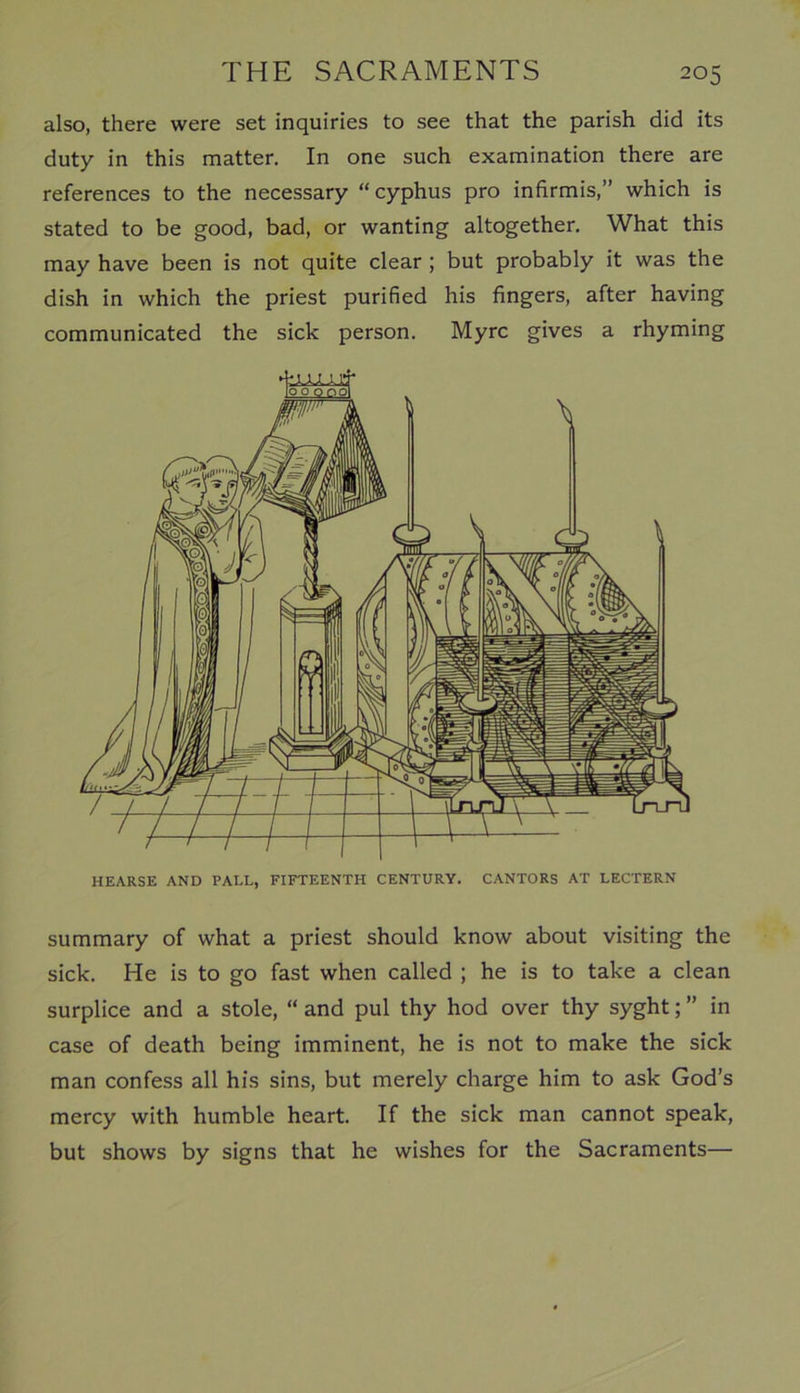 also, there were set inquiries to see that the parish did its duty in this matter. In one such examination there are references to the necessary “cyphus pro infirmis,” which is stated to be good, bad, or wanting altogether. What this may have been is not quite clear ; but probably it was the dish in which the priest purified his fingers, after having communicated the sick person. Myrc gives a rhyming summary of what a priest should know about visiting the sick. He is to go fast when called ; he is to take a clean surplice and a stole, “ and pul thy hod over thy syght; ” in case of death being imminent, he is not to make the sick man confess all his sins, but merely charge him to ask God’s mercy with humble heart. If the sick man cannot speak, but shows by signs that he wishes for the Sacraments—