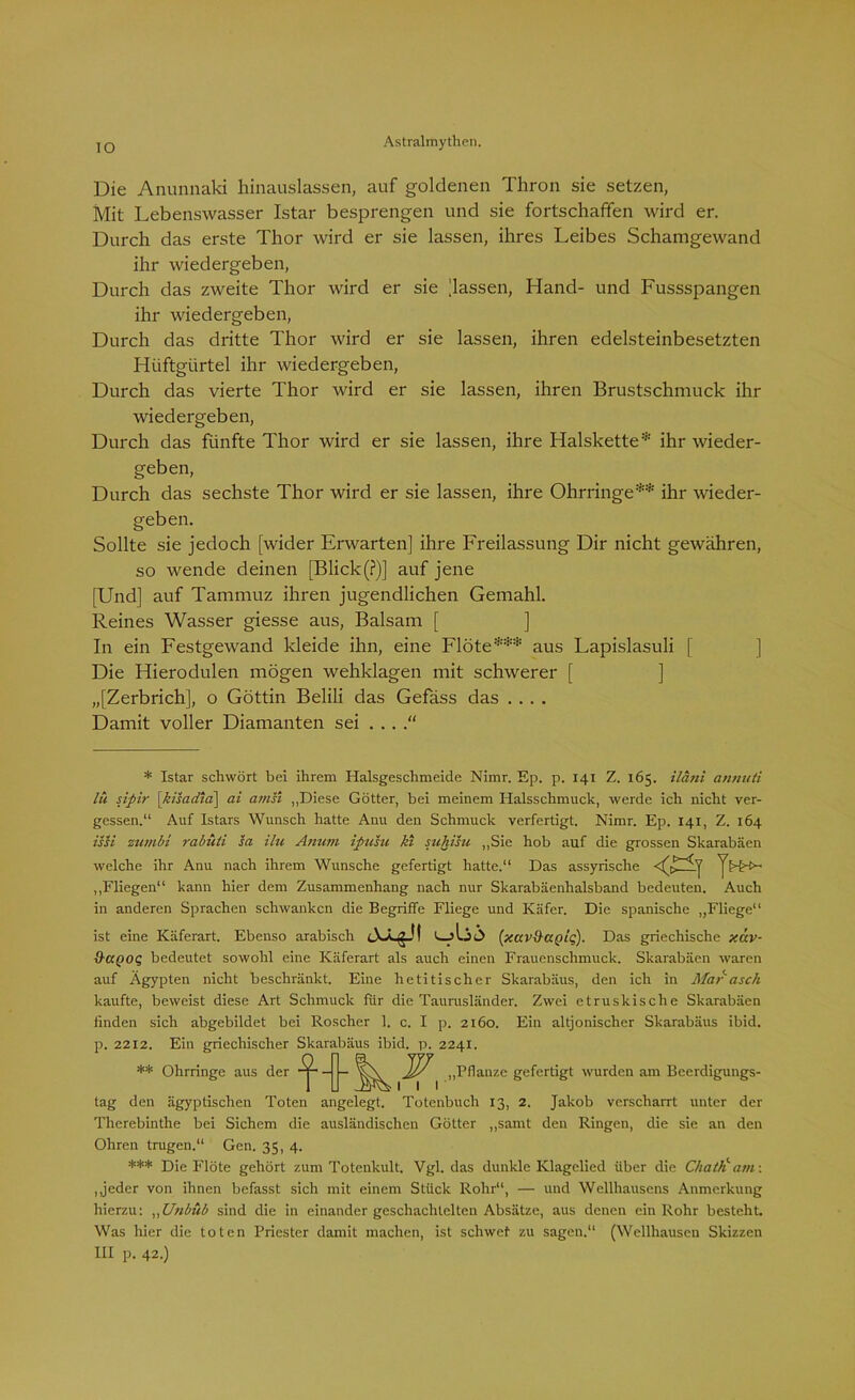 IO Die Anunnaki hinauslassen, auf goldenen Thron sie setzen, Mit Lebenswasser Istar besprengen und sie fortschaffen wird er. Durch das erste Thor wird er sie lassen, ihres Leibes Schamgewand ihr wiedergeben, Durch das zweite Thor wird er sie [lassen, Hand- und Fussspangen ihr wiedergeben, Durch das dritte Thor wird er sie lassen, ihren edelsteinbesetzten Hüftgürtel ihr wiedergeben, Durch das vierte Thor wird er sie lassen, ihren Brustschmuck ihr wiedergeben, Durch das fünfte Thor wird er sie lassen, ihre Halskette* ihr wieder- geben, Durch das sechste Thor wird er sie lassen, ihre Ohrringe** ihr wieder- geben. Sollte sie jedoch [wider Erwarten] ihre Freilassung Dir nicht gewähren, so wende deinen [Blick(?)] auf jene [Und] auf Tammuz ihren jugendlichen Gemahl. Reines Wasser giesse aus, Balsam [ In ein Festgewand kleide ihn, eine Flöte*** aus Lapislasuli [ Die Hierodulen mögen wehklagen mit schwerer [ „[Zerbrich], o Göttin Belili das Gefäss das .... Damit voller Diamanten sei ... .“ * Istar schwört bei ihrem Halsgeschmeide Nimr. Ep. p. 141 Z. 165. ilani annuti lü sipir [kisadla\ ai amsi „Diese Götter, bei meinem Halsschmuck, werde ich nicht ver- gessen.“ Auf Istars Wunsch hatte Anu den Schmuck verfertigt. Nimr. Ep. 141, Z. 164 issi zumbi rabüti sa ilu Aman ipusu ki suhisu „Sie hob auf die grossen Skarabäen welche ihr Anu nach ihrem Wunsche gefertigt hatte.“ Das assyrische yHr-t „Fliegen“ kann hier dem Zusammenhang nach nur Skarabäenhalsband bedeuten. Auch in anderen Sprachen schwanken die Begriffe Fliege und Käfer. Die spanische „Fliege“ ist eine Käferart. Ebenso arabisch cXLgJ! (xuvdaoiq). Das griechische xuv- üaQOQ bedeutet sowohl eine Käferart als auch einen Frauenschmuck. Skarabäen waren auf Ägypten nicht beschränkt. Eine hetitischer Skarabäus, den ich in Mar asch kaufte, beweist diese Art Schmuck für die Taurusländer. Zwei etruskische Skarabäen finden sich abgebildet bei Roscher 1. c. I p. 2160. Ein altjonischer Skarabäus ibid. p. 2212. Ein griechischer Skarabäus ibid. p. 2241. ** Ohrringe aus der -Jj- 'JP' „Pflanze gefertigt wurden am Beerdigungs- tag den ägyptischen Toten angelegt. Totenbuch 13, 2. Jakob verscharrt unter der Therebinthe bei Sichern die ausländischen Götter „samt den Ringen, die sie an den Ohren trugen.“ Gen. 35, 4. *** Die Flöte gehört zum Totenkult. Vgl. das dunkle Klagelied über die Chatli am: „jeder von ihnen befasst sich mit einem Stück Rohr“, — und Wellhausens Anmerkung hierzu: ,,Unbüb sind die in einander geschachtelten Absätze, aus denen ein Rohr besteht. Was hier die toten Priester damit machen, ist schwef zu sagen.“ (Wellhauscn Skizzen