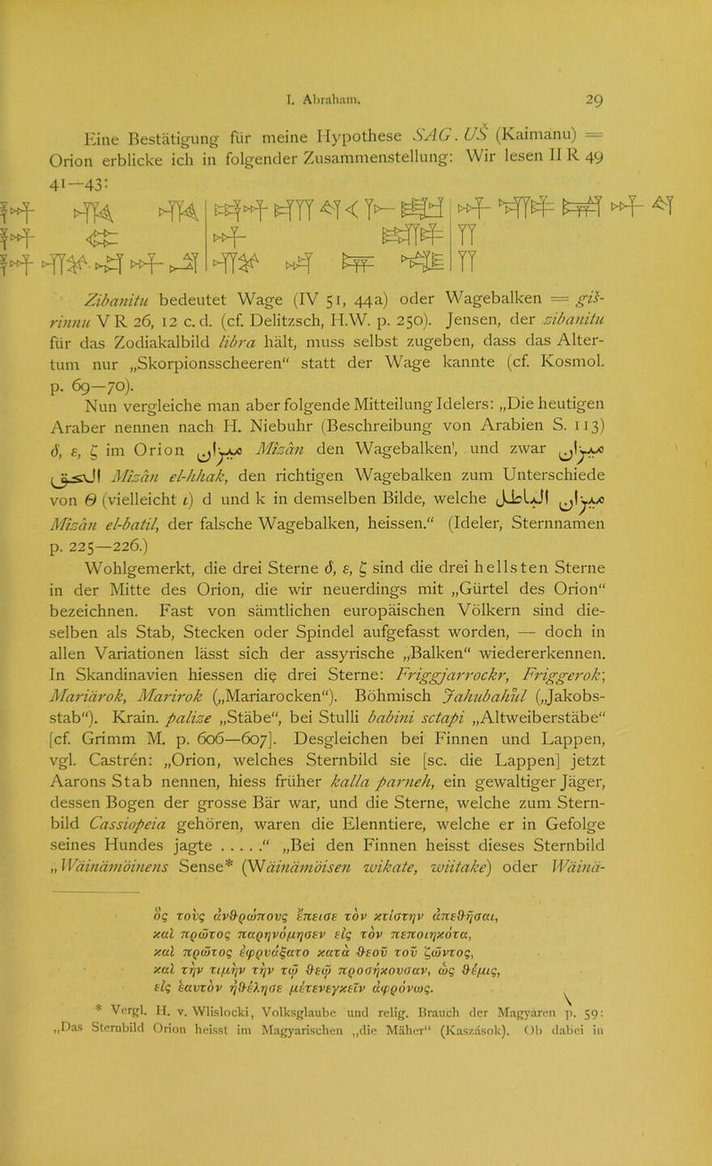 -*}*1 Eine Bestätigung für meine Hypothese SAG. US (Kaimanu) — Orion erblicke ich in folgender Zusammenstellung: Wir lesen IIR 49 41-43: >TK »T- «^T tw- TT TT Zibanitu bedeutet Wage (IV 51, 44a) oder Wagebalken = gis- rinnu VR 26, 12 c. d. (cf. Delitzsch, H.W. p. 250). Jensen, der zibanitu für das Zodiakalbild libra hält, muss selbst zugeben, dass das Alter- tum nur „Skorpionsscheeren“ statt der Wage kannte (cf. Kosmol. p. 69-70). Nun vergleiche man aber folgende Mitteilung Idelers: „Die heutigen Araber nennen nach H. Niebuhr (Beschreibung von Arabien S. 113) 6, s, £ im Orion Mizän den Wagebalken', und zwar H Mb an el-hhak, den richtigen Wagebalken zum Unterschiede von 6 (vielleicht 1) d und k in demselben Bilde, welche JJsLJt Mizän el-batil\ der falsche Wagebalken, heissen.“ (Ideler, Sternnamen p. 225—226.) Wohlgemerkt, die drei Sterne ö, e, £ sind die drei hellsten Sterne in der Mitte des Orion, die wir neuerdings mit „Gürtel des Orion“ bezeichnen. Fast von sämtlichen europäischen Völkern sind die- selben als Stab, Stecken oder Spindel aufgefasst worden, — doch in allen Variationen lässt sich der assyrische „Balken“ wiedererkennen. In Skandinavien hiessen dR drei Sterne: Friggjarrockr, Friggerok; Mariärok, Marirok („Mariarocken“). Böhmisch Ja/mbahul („Jakobs- stab“). Krain. palize „Stäbe“, bei Stulli babini sctapi „Altweiberstäbe“ [cf. Grimm M. p. 606—607]. Desgleichen bei Finnen und Lappen, vgl. Castren: „Orion, welches Sternbild sie [sc. die Lappen] jetzt Aarons Stab nennen, hiess früher kalla parneh, ein gewaltiger Jäger, dessen Bogen der grosse Bär war, und die Sterne, welche zum Stern- bild Cassiopeia gehören, waren die Elenntiere, welche er in Gefolge seines Hundes jagte “ „Bei den Finnen heisst dieses Sternbild „Wäinämöinens Sense* (Wäinämöisen zvikate, wiitake) oder Wäinä- og xoi-q dv&Qcünovq znsioe xov xxioxtjv aneS-ijoca, xal nQwxoq naQTjvöfXTjosv elq xov nETXOirjxoxa, xal itQÜxoq tcpQvdgaxo xuxa d-eov xov ‘Qwvxoq, xal xr/v xißTjv xrjv xu) &£(jj 7iQOOrjxovaav, wq &£(*iq, flq euvxov jjO-eXtjoe /XExeveyxEiv a<p()6vu)q. * Vcrgl. H. v. Wlislocki, Volksglaube und relig. Brauch der Magyaren p. 59: „Das Sternbild Orion heisst im Magyarischen „die Mäher“ (Kaszasok). Ob dabei in