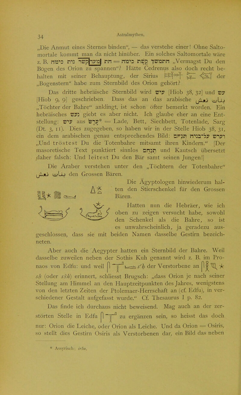 „Die Anmut eines Sternes binden“, — das verstehe einer! Ohne Salto- mortale kommt man da nicht hinüber. Ein solches Saltomortale wäre z. B. rro'o ms nn = «rrns ntf]? „Vermagst Du den Bogen des Orion zu spannen“? Hätte Cedrenus also doch recht be- halten mit seiner Behauptung, der Sirius der „Bogenstern“ habe zum Sternbild des Orion gehört? Das dritte hebräische Sternbild wird [Hiob 38, 32] und ÜP [Hiob 9, 9] geschrieben. Dass das an das arabische ^*3 „Töchter der Bahre“ anklingt, ist schon öfter bemerkt worden. Ein hebräisches ÜP5 giebt es aber nicht. Ich glaube eher an eine Ent- stellung: mp* aus = Lade, Bett, Siechbett, Totenlade, Sarg (Dt. 3, 11). Dies zugegeben, so haben wir in der Stelle Hiob 38, 31, ein dem arabischen genau entsprechendes Bild: SP3P) !P!a“23> tnm „Und tröstest Du die Totenbahre mitsamt ihren Kindern.“ [Der masoretische Text punktiert sinnlos Onsri und Kautsch übersetzt /daher falsch: Und leitest Du den Bär samt seinen Jungen!] Die Araber verstehen unter den „Töchtern der Totenbahre“ , den Grossen Bären. Die Ägyptologen hinwiederum hal- ten den Stierschenkel für den Grossen Bären. Hatten nun die Hebräer, wie ich oben zu zeigen versucht habe, sowohl den Schenkel als die Bahre, so ist es unwahrscheinlich, ja geradezu aus- geschlossen, dass sie mit beiden Namen dasselbe Gestirn bezeich- neten. Aber auch die Aegypter hatten ein Sternbild der Bahre. Weil dasselbe zuweilen neben der Sothis Kuh genannt wird z. B. im Pro- naos von Edfu: und weil l—^ scli der Verstorbene an sh (oder sBk) erinnert, schliesst Brugsch: „dass Orion je nach seiner Stellung am Himmel an den Hauptzeitpunkten des Jahres, wenigstens von den letzten Zeiten der Ptolemaer-Herrschaft an (cf. Edfu), in ver- schiedener Gestalt aufgefasst wurde.“ Cf. Thesaurus I p. 82. Das finde ich durchaus nicht beweisend. Mag auch an der zer- störten Stelle in Edfu n zu ergänzen sein, so heisst das doch nur: Orion die Leiche, oder Orion als Leiche. Und da Orion = Osiris, so stellt dies Gestirn Osiris als Verstorbenen dar. ein Bild das neben * Assyrisch: tritt.
