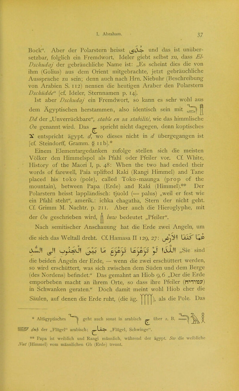 Bock“. Aber der Polarstern lieisst und das ist unüber- setzbar, folglich ein Fremdwort. Ideler giebt selbst zu, dass El- Dschudaj der gebräuchliche Name ist: „Es scheint dies die von ihm (Golius) aus dem Orient mitgebrachte, jetzt gebräuchliche Aussprache zu sein; denn auch nach Hrn. Niebuhr (Beschreibung von Arabien S. 112) nennen die heutigen Araber den Polarstern Dschüdde“ [cf. Ideler, Sternnamen p. 14]. Ist aber Dschudaj ein Fremdwort, so kann es sehr wohl aus dem Ägyptischen herstammen, also identisch sein mit Dd der „Unverrückbare“, stable en sa stabilitc, wie das himmlische Oti genannt wird. Das _ spricht nicht dagegen, denn koptisches “X entspricht ägypt. d, wo dieses nicht in d übergegangen ist [cf. Steindorff, Gramm. § 11b].* Einem Elementargedanken zufolge stellen sich die meisten Völker den Himmelspol als Pfahl oder Pfeiler vor. Cf. White, History of the Maori I, p. 48: When the two had ended their words of farewell, Paia uplifted Raki (Rangi Himmel) and Tane placed his toko (pole), called Toko-maunga (prop of the mountain), between Papa (Erde) and Raki (Himmel).** Der Polarstern heisst lappländisch: tjuold (= palus) „weil er fest wie ein Pfahl steht“, amerik.: ichka chagatha, Stern der nicht geht. Cf. Grimm M. Nachtr. p. 211. Aber auch die Hieroglyphe, mit der 0)i geschrieben wird, jj inw bedeutet „Pfeiler“. Nach semitischer Anschauung hat die Erde zwei Angeln, um die sich das Weltall dreht. Cf. Hamasa II 129, 27: LiüS l+s> ä1!| ^Jt Lo pyc Icycy? «J ijjjl „Sie sind die beiden Angeln der Erde, — wenn die zwei erschüttert werden, so wird erschüttert, was sich zwischen dem Süden und dem Berge (des Nordens) befindet.“ Das gemahnt an Hiob 9,6 „Der die Erde emporbeben macht an ihrem Orte, so dass ihre Pfeiler (Fl'Hl'ay) in Schwanken geraten.“ Doch damit meint wohl Hiob eher die Säulen, auf denen die Erde ruht, (die äg. als die Pole. Das * Altägyptisches geht auch sonst in arabisch — über z. B. SiSP’ dnh der „Flügel“ arabisch: ^,Lä.ä- „Flügel, Schwinge“. ** Papa ist weiblich und Rangi männlich, während der ägypt. Sw die weibliche Nut (Himmel) vom männlichen Gb (Erde) trennt.