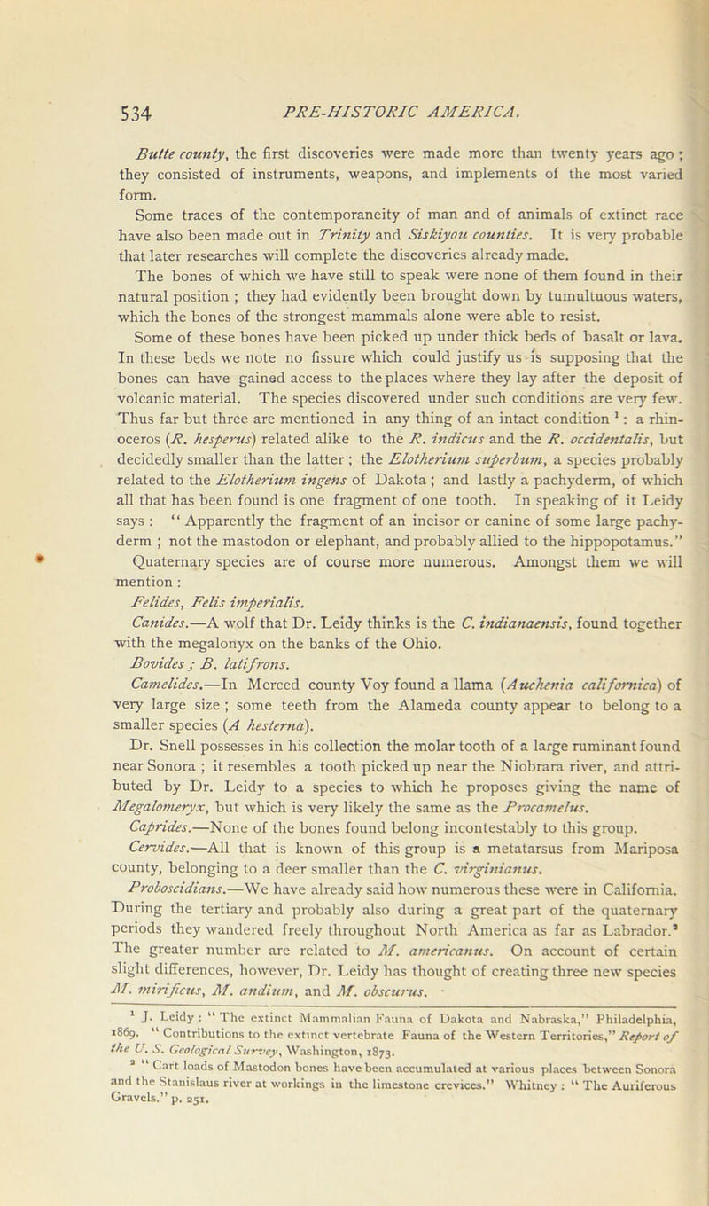 Butte county, the first discoveries were made more than twenty years ago; they consisted of instruments, weapons, and implements of the most varied form. Some traces of the contemporaneity of man and of animals of extinct race have also been made out in Trinity and Siskiyou comities. It is very probable that later researches will complete the discoveries already made. The bones of which we have still to speak were none of them found in their natural position ; they had evidently been brought down by tumultuous waters, which the bones of the strongest mammals alone were able to resist. Some of these bones have been picked up under thick beds of basalt or lava. In these beds we note no fissure which could justify us is supposing that the bones can have gained access to the places where they lay after the deposit of volcanic material. The species discovered under such conditions are very few. Thus far but three are mentioned in any thing of an intact condition 1 * 3: a rhin- oceros (R. hesperus) related alike to the R. indicus and the R. occidentalis, but decidedly smaller than the latter ; the Elotherium superbum, a species probably related to the Elotherium ingens of Dakota ; and lastly a pachyderm, of which all that has been found is one fragment of one tooth. In speaking of it Leidy says : ‘ ‘ Apparently the fragment of an incisor or canine of some large pachy- derm ; not the mastodon or elephant, and probably allied to the hippopotamus.” Quaternary species are of course more numerous. Amongst them we will mention : Felides, Felis imperialis. Canides.—A wolf that Dr. Leidy thinks is the C. indianaensis, found together with the megalonyx on the banks of the Ohio. Bovides ; B. latifrons. Camelides.—In Merced county Voy found a llama (Auchenia californica) of very large size ; some teeth from the Alameda county appear to belong to a smaller species (A hesterna). Dr. Snell possesses in his collection the molar tooth of a large ruminant found near Sonora ; it resembles a tooth picked up near the Niobrara river, and attri- buted by Dr. Leidy to a species to which he proposes giving the name of Megalomeryx, but which is very likely the same as the Procamelus. Caprides.—None of the bones found belong incontestably to this group. Cervides.—All that is known of this group is a metatarsus from Mariposa county, belonging to a deer smaller than the C. virginianus. Proboscidians.—We have already said how numerous these were in California. During the tertiary and probably also during a great part of the quaternary periods they wandered freely throughout North America as far as Labrador.’ The greater number are related to M. americanus. On account of certain slight differences, however, Dr. Leidy has thought of creating three new species M■ mirificus, M. andium, and M. obscurus. • 1 J. Leidy : “ The extinct Mammalian Fauna of Dakota and Nabraska,” Philadelphia, 1869. 1 Contributions to the extinct vertebrate Fauna of the Western Territories,” Report of the U. S. Geological Survey, Washington, 1873. 3 ' Cart loads of Mastodon bones have been accumulated at various places between Sonora and the Stanislaus river at workings in the limestone crevices.” Whitney : “ The Auriferous Gravels.” p. 251.