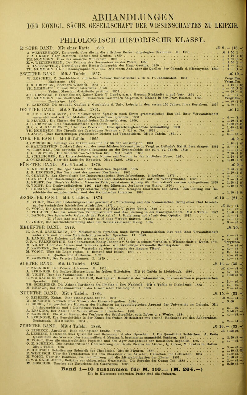 ABHANDLUNGEN DEP KÖKKil,. SACHS. GESELLSCHAFT CER ^MSSENSCHAFTEN ZU LEIPZIG. PHILOLOGISCH-HISTORISCHE KLASSE. ei;STER BAND. Mit einer Karte. 18Ö0. JC. 9.- (18.-) A. WESTEEMANN, Untersuch, über die in die attischen Eedner eingelegten Urkunden. H. J850 M. 1.50 (3.—) P. A I'KEET, Über Dämonen, Heroen und Genien. 1850 „ 1.20 (2.40) TH. MOMMSEN, Über das römische Münzwesen. 18.i0 „ 2.50 (5.—) B. T.'WIETEESHEIM, Der Eeldzug des Germanicus an der Weser. 1850 „ 1.50 (3.—) G. HAETENSTEIN, Darstellung der Eechtsphilosopbie des Hugo Grotius. 1850 „ 1.— (2.—) TH. MOMMSEN, Üb. d. Chronographen V. J. 354. Mit einem Anh. über die Quellen der Chronik d. Hieronymus. 1850 „ 2.— (4.—) ZWEITER BAND. Mit 3 Tafeln. 1857. JC 10.- W. EOSCHEE, Z. Geschichte d. englischen Volkswirthschaftslehre i. 16. u. 17. Jahrhundert. 1851 Vergriffen. — Nachträge. 1852 Vergriffen. J. G. DEOYSEN, Eberhard Windeck. 1853 „ 1 2o (2.40) TH. MOMMSEN, Polemii Silvii laterculus. 1853 „ —.80 (1.60) Volusii Maeciani distributio partium. 1853 „ — 30 (—.60) J. G. DEOYSEN, 2 Verzeichnisse, Kaiser Karls V. Lande, s. u. s. Grossen Einkünfte u. and. hetr. 1854 i, 1 — (2.—) TH. MOMMSEN, Die Stadtrechte d. latinischen Gemeinden Salpensa u. Malaca in der ProT. Baetica. 1855 . ... Vergriffen. Nachträge. 1855 ,, —.80 (1.60) F. ZAENCKE, Die urkundl. Quellen z. Geschichte d. Univ. Leipzig in den ersten 150 Jahren ihres Bestehens. 1857 „ 4.t0 (0.—) DRITTER BAND. Mit 8 Tafeln. 1861. JC.12.- H. C. T. d. GABELENTZ, Die Melanesischen Sprachen nach ihrem grammatischen Bau und ihrer Verwandtschaft unter sich und mit den Malaiisch-Polynesischen Sprachen. 1860 .... „ 4.— (8.—) G. FLÜGEL, Die Classen der Hanefitischen Eechtsgelehrten. 1860 „ 1.20 (2.40) J. G. DEOYSEN, Das Stralendorffische Gutachten. 1860 . „ 1.20 ( 2.40) H. C. V. d. GABELEKTZ, Über das Passivum. Eine sprachvergleichende Abhandlung. 1860 „ 1.40 (2.80) TH. MOMMSEN, Die Chronik des Cassiodorus Senator v. J. 519 n. Chr. 1861 .... „ 2.— O. JAHN, Über Darstellungen griechischer Dichter auf Vasenbildern. Mit 8 Tafeln. 1861 ... „ 3.— (6.—) VIERTER BAND. Mit 2 Tafeln. 1865 JC9.~ J. OVEKBECK, Beiträge zur Erkenntniss und Kritik der Zeusreligion. 1861 „ 1.40 (2.fs0) G. HARTENSTEIN, Locke’s Lehre von der menschlichen Erkenntniss in Vergl. m. Leibniz’s Kritik ders. dargest. 1861 „ 2.— (4.—) W. ROSCHER, Die deutsche Nationalökouumiu an der Grenzscheide des 16. u. 17. Jahrh. 1862 „ 1.— (2.—) J. G. BBOYSEN, Die Schlacht von Warschau 1656. Mit 1 Tafel 1863 „ 2.20 (4.40) A. SCHLEICHER, Die Unterscheidung von Nomen und Verbum in der lautlichen Form. 1865 „ 1.20 (2.40) J. OVERBECK, Über die Lade des Kypselos. Mit 1 Tafel. 1865 .... ,, 1.40 ( 2.80) FÜNFTER BAND. Mit 6 Tafeln. 1870. JC9,~ K. NIPPERDEY, Die leges Annales der Römischen Republik. 1865 ,, 1.20 (2.40) J. G. DROYSEN, Das Testament des grossen Kurfürsten. 1866 „ 1.20 (2 40) G. CURTIUS, Zur Chronologie der Indogermanischen Sprachforschung. 2. Auflage. 1873 „ 1.— (2.—) O. JAHN, Über Darstellungen des Handwerks und Handelsverkehrs auf antiken Wandgemälden. 1868 »»2 — (4 —) A. EBERT, Tertullian’s Verhältn. z. Minucius Felix, nebst einem Anhang üb. Commodian’s carmen apologeticum. 1868 „ 1.20 (2.40) G. VOIGT, Die Denkwürdigkeiten (1207—1238) des Minoriten Jordanus von Giano. 1870 „ 1.40 (2.80) C. BURSIAN, Erophile. Vulgärgriechische Tragoedie von Georgios Chortatzes aus Kreta. Ein Beitrag zur Ge- schichte der neugriechischen und der italienischen Literatur. 1870 „ 1.20 (2.40) SECHSTER BAND. Mit 3 Tafeln. 1874. JC M, VOIGT, Über den Bedeutungswechsel gewisser die Zurechnung und den öconomischen Erfolg einer That bezeich- nender technischer lateinischer Ausdrücke. 1872 G. VOIGT, Die Geschichtschreibung über den Zug Karls V. gegen Tunis. 1872 / . PHILIPPI, Über die römischen Triumphalreliefe und ihre Stellung in der Kunstgeschichte. Mit 3 Tafeln. 1872 J . LANGE, Der homerische Gebrauch der Partikel si. I. Einleitung und si mit dem Optativ. 1872 II. fi xsv (an) mit d. Optativ u. fl ohne Verbum finitum. 1873 G. VOIGT, Die Geschichtschreibung über den Schmalkaldiscnen Krieg. 1874 SIEBENTER BAND. 1879. H. C. V. d. GABELENTZ, Die Melanesischen Sprachen nach ihrem grammatischen Bau und ihrer Verwandtschaft unter sich und mit den Malaiisch-Polynesischen Sprachen. II. 1873 L. LANGE, Die Epheteu und der Areopag vor Solon. 1874 J. P. V. FALKENSTEIN, Zur Charakterist. König Johann’s v. Sachs, in seinem Verhältn. z. Wissenschaft u. Kunst. 1874 M. VOIGT, Über das Aelius- und Sabinus- System, wie über einige verwandte Rechtssysteme. l875 F. ZARNCKK, Der Graltempel. Vorstudie zu einer Ausgabe des Jüngern Titurel M. VOIGT, Über die Leges regiae. I. Bestand und Inhalt. 1876 II. Quellen und Authontie. 1877 F. ZARNCKE, Der Priester Johannes. I. 1879 ACHTER BAND. Mit 14 Tafeln. 1883. F. ZARNCKE, Der Priester Johannes. II. 1876 A. SPRINGER, Die Psalter-Illustrationen im frühen Mittelalter. Mit 10 Tafeln in Lichtdruck. 1880 M. VOIGT, Über das Vadimoniura. 1881 G. V. d. GABELENTZ und A. B. MEYER, Beiträge zur Kenntniss der melanesischen, mikronesischen u. papuanischen Sprachen. 1882 TH. SCHREIBER, Die Athena Parthenos des Phidias u. ihre Nachbild. Mit 4 Tafeln in Lichtdruck. 1883 M. HEINZE, Der Eudämonismus in der Griechischen Philosophie. I. 1883 NEUNTER BAND. Mit 7 Tafeln. 1884. JC O. RIBBECK, Kolax. Eine ethologische Studie. 1883 W. ROSCHER, Versuch einer Theorie der Finanz-Regalien. 1884 G. EBERS, Der geschnitzte Holzsarg des Hatbastru im ägyptologischen Apparat der Universität zu Leipzig. Mit 2 lithograpbirten und 3 Lichtdruck-Tafeln. 1884 A. LESKIEN, Der Ablaut der Wurzelsilben im Litauischen. 1884 P. ZARNCKE, Christian Reuter, der Verfasser des Schelmuffsky, sein Lehen u. s. Werke. 1884 A. SPRINGER, Die Cenesisbilder in der Kunst des frühen Mittelalters mit besond. Rücksicht auf den Ashburnham- Pentateuch. Mit 2 Tafeln. 1884 ZEHNTEll BAND. Mit 4 Tafeln. 1888. JC O KIBBECK, Agroikos. Eine ethologieche Studie. 1885 A. LESKIEN, Untersuch, über Quantität und Betonung i. d, elav. Sprachen. I. Die Quantität i. Serbischen. A. Feste Quantitäten der'W'urzel- oder Stammsilben d. Nomina b. bestimmten stammbild. Suffixen. 1885 M.'VOKIT, Über die staatsrechtliche Possessio und den Ager compaseuus der Eflniischen Kepublik. 1887 O. E. SCHMIDT, Die handschriftliche Überlieferung der Briefe Ciceros an Atticus, Q. Cicero, M. Brutus in Italien. Mit 4 Tafeln. 1887 F. HULTSCH, Scholien zur Sphaerik des Theodosios. Mit 22 Figuren. 1887 E. WINDISCH, Über die 'Verbalformen mit dem Charakter r im Arischen, Italischen und Celtischon. 1887 M. VOIGT, Über die Bankiers, die Buchführung und die Litteralobligation der Römer. 1887 G. V. d. GABELENTZ, Beiträge zur chinesischen Grammatik. Die Sprache des Cuang-Ts'i. 1888 W. ROSCHER, Umrisse zur Naturlehre des Cäsarismus 1888 10.- (21.-) Ji. 2.- (4.-) 1.- (2.-) 1.80 (3.60) 2. - (4.-) 1.- (2.-) 3. - (6.-) JC 20.- ,, 4.- (8.-) „ 1.— (2.-) Vergriffen „ 2.- (4.-) „ 4.- (8.-) „ 2.- (4.-) „ 4.- (8.-) „ 4.— (8.-) 10.- (35.-) Ji 4.— (8.—) „ 4.- (8.-) „ 1.60 (3.20) „ 3.- (6.-) „ 3— (6.-) „ 2— (4.-) 16.- (32 -) JC 2.— (4.-) „ 3.60 „ 3.- (6.-) „ 3.50 (7.-{ „ 4.- (8.-) ,, 2— (4.-) 16.- (33.-) JC 1.50 (2.-) • n 2.50 (5.-) 1.— (2.-) 3.— (6.-) JI 1.80 (3.60) » 1.50 (3.-)' n n 1.50 2.— (3.-), 2.60 (5.—)■ Band 1 — lO zusammen für M. HO.— (M. 264.—) Die in Klammern stehenden Preise sind die früheren.