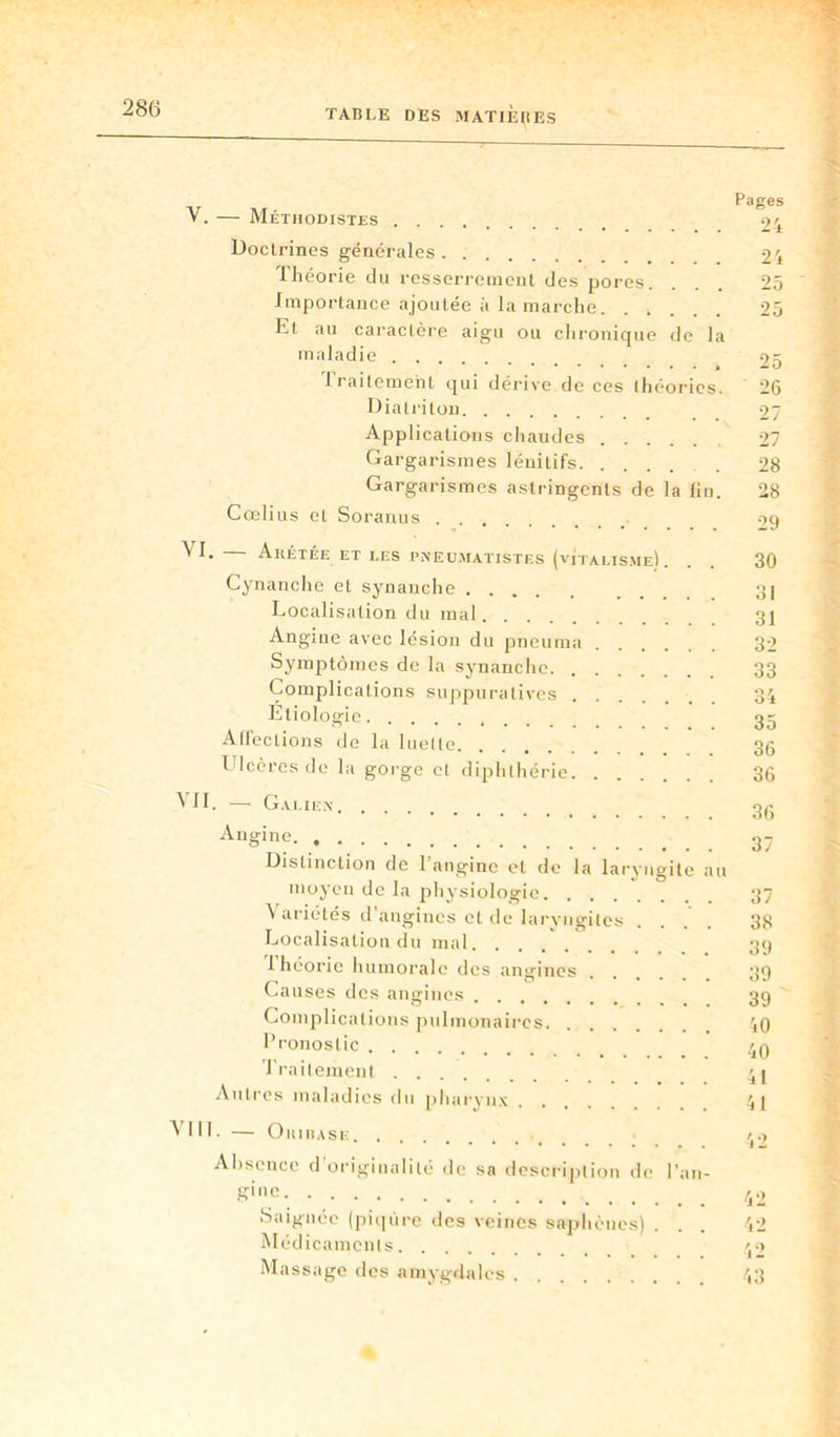 V. — Méthodistes Doctrines générales Théorie du resserrement des pores. Importance ajoutée à la marche. ■Et au caractère aigu ou chronique de la maladie 1 raitement qui dérive de ces théories. Diatriton Applications chaudes Gargarismes lénitifs Gargarismes astringents de la lin. Cœlius et Soranus VI* ArÉTÉE ET LES PNEUMATISTES (VITALISME.) . Cynanche et synanche Localisation du mal Angine avec lésion du pneuma Symptômes de la synanche. Complications suppuratives .... Etiologie Affections de la luette Ulcères de la gorge et diphthérie A 11. — Galien Angine Distinction de 1 angine et de la laryngite au moyen de la physiologie \ ariétes d angines et de laryngites Localisation du mal Théorie humorale des angines Causes des angines Complications pulmonaires Pronostic Traitement Autres maladies du pharynx A 111. — O in hase Absence d’originalité de sn description de l’an- gine Saignée (piqûre des \eincs saphènes) Médicaments Massage des amygdales