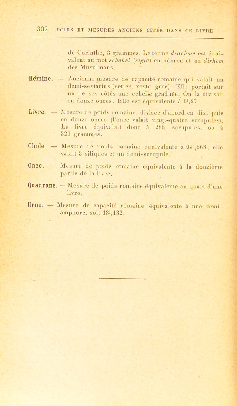 de Corinthe, 3 grammes. Le terme drachme est équi- valent au mot schehél (sigla) en hébreu et au dirhem des Musulmans. Hémine. — Ancienne mesure de capacité romaine qui valait un demi-sextarius (setier, xesle grec). Elle portait sur un de ses côtés une échelle graduée. On la divisait en douze onces. Elle est équivalente à 01,27. Livre. — Mesure de poids romaine, divisée d’abord en dix, puis en douze onces (l’once valait vingt-quatre scrupules). La livre équivalait donc à 288 scrupules, ou à 320 grammes. Obole. — Mesure de poids romaine équivalente à0t?r,568; elle valait 3 siliqucs et un demi-scrupule. Once. — Mesure de poids romaine équivalente à la douzième partie de la livre. Quadrans. — Mesure de poids romaine équivalente au quart d’une livre. Urne. — Mesure de capacité romaine équivalente à une demi- amphore, soit 131,132.