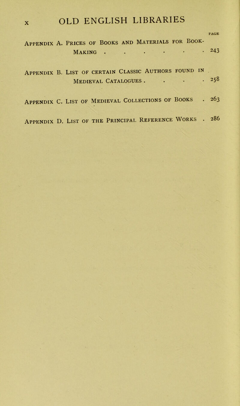 Appendix A. Prices of Books and Materials for Book- Making ...••• Appendix B. List of certain Classic Authors found in Medieval Catalogues . Appendix C. List of Medieval Collections of Books Appendix D. List of the Principal Reference Works .