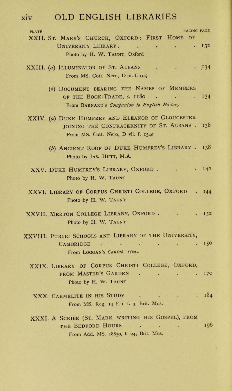 PLATE FACING XXII. St. Mary’s Church, Oxford: First Home of . University Library. .... Photo by H. W. Taunt, Oxford XXIII. (a) Illuminator of St. Albans From MS. Cott. Nero, D iii. f. 105 (6) Document bearing the Names of Members of the Book-Trade, c. 1180 From Barnard’s Companion to English History XXIV. (a) Duke Humfrey and Eleanor of Gloucester joining the Confraternity of St. Albans . From MS. Cott. Nero, D vii. f. 154a (3) Ancient Roof of Duke Humfrey’s Library . Photo by Jas. Hutt, M.A. XXV. Duke Humfrey’s Library, Oxford . Photo by H. W. Taunt XXVI. Library of Corpus Christi College, Oxford Photo by H. W. Taunt XXVII. Merton College Library, Oxford . Photo by H. W. Taunt XXVIII. Public Schools and Library of the University, Cambridge ...... From Loggan’s Cantab. Illus. XXIX. Library of Corpus Christi College, Oxford, from Master’s Garden . . . . Photo by H. W. Taunt XXX. Carmelite in his Study . . . . From MS. Reg. 14 E i. f. 3, Brit. Mus. XXXI. A Scribe (St. Mark writing his Gospel), from the Bedford Hours . . . . From Add. MS. 18850, f. 24, Brit. Mus. PAGE 132 ;34 134 138 138 142 144 152 156 170 184 196