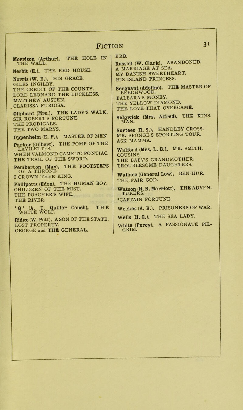 Morrison (Arthur). THE HOLE IN THE WALL. Nesblt (E.). THE RED HOUSE. Norris (W. E.). HIS GRACE. GILES INGILBY. THE CREDIT OF THE COUNTY. LORD LEONARD THE LUCKLESS. MATTHEW AUSTEN. , CLARISSA FURIOSA. Oliphant (Mrs.). THE LADY’S WALK. SIR ROBERT’S FORTUNE. THE PRODIGALS. THE TWO MARYS. Oppenheim (E. P.). MASTER OF MEN Parker (Gilbert). THE POMP OF THE LAVILETTES. WHENVALMOND CAME TO PONTIAC. THE TRAIL OF THE SWORD. Pemberton (Max). THE FOOTSTEPS OF A THRONE. I CROWN THEE KING. Phillpotts (Eden). THE HUMAN BOY. CHILDREN OF THE MIST. THE POACHER’S WIFE. THE RIVER. ‘Q’ (A. T. Quiller Coueh). THE WHITE WOLF. Ridge (W.Pett). A SON OF THE STATE. LOST PROPERTY. GEORGE and THE GENERAL. ERB. Russell (W. Clark). ABANDONED. A MARRIAGE AT SEA. MY DANISH SWEETHEART. HIS ISLAND PRINCESS. Sergeant (Adeline). THE MASTER OF BEECHWOOD. BALBARA’S MONEY. THE YELLOW DIAMOND. THE LOVE THAT OVERCAME. SIdgwiek (Mrs. Alfred). THB KINS- MAN. Surtees (R. S.). HANDLEY CROSS. MR. SPONGE’S SPORTING TOUR. ASK MAMMA. Walford (Mrs. L. B.). MR. SMITH. COUSINS. THE BABY’S GRANDMOTHER. TROUBLESOME DAUGHTERS. Wallace (General Lew). BEN-HUR. THE FAIR GOD. Watson (H. B. Marriott). THE ADVEN- TURERS. ‘CAPTAIN FORTUNE. Weekes (A. B.). PRISONERS OF WAR. Wells (H. G.). THE SEA LADY. White (Perey). A PASSIONATE PIL- GRIM.
