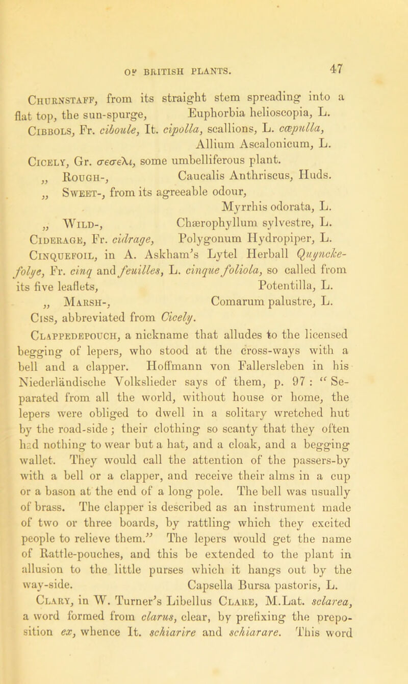 Churnstaff, from its straight stem spreading into a flat top, the sun-spurge, Euphorbia helioscopia, L. Cibbols, Fr. ciboule, It. cipolla, scallions, L. ccepulla, Allium Ascalonicum, L. Cicely, Gr. aeae\i, some umbelliferous plant. Roogh-, Caucalis Anthriscus, Huds. „ Sweet-, from its agreeable odour, Myrrhis odorata, L. „ Wild-, Chserophyllum sylvestre, L. Cl derage, Fr. outrage, Polygonum Hydropiper, L. Cinquefoil, in A. Askham’s Lytel Herball Quyncke- folye, Fr. cinq and feuilles, L. cinque folio la, so called from its five leaflets, Potentilla, L. ,, Marsh-, Comarum palustre, L. Ciss, abbreviated from Cicely. Clappedepoucii, a nickname that alludes to the licensed begging of lepers, who stood at the cross-ways with a bell and a clapper. Hoffmann von Fallersleben in his Niederlandische Volkslieder says of them, p. 97 : “ Se- parated from all the world, without house or home, the lepers were obliged to dwell in a solitary wretched hut by the road-side; their clothing so scanty that they often had nothing to wear but a hat, and a cloak, and a begging wallet. They would call the attention of the passers-by with a bell or a clapper, and receive their alms in a cup or a bason at the end of a long pole. The bell was usually of brass. The clapper is described as an instrument made of two or three boards, by rattling which they excited people to relieve them/'’ The lepers would get the name of Rattle-pouches, and this be extended to the plant in allusion to the little purses which it hangs out by the way-side. Capsella Bursa pastoris, L. Clary, in W. Turner’s Libellus Clare, M.Lat. sclarea, a word formed from clarus, clear, by prefixing the prepo- sition ex, whence It. sc/iiarire and schiarare. This word