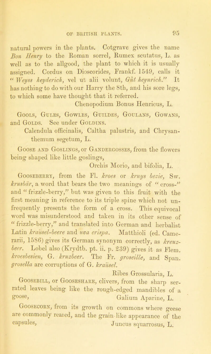 natural powers in the plants. Cotgrave gives the name Bon Henry to the Roman sorrel, Rumex scutatus, L. as well as to the allgood, the plant to which it is usually- assigned. Cordus on Dioscorides, Frankf. 1549, calls it “ Weyss Zeyderich, vel ut alii volunt. Gut heynrich.” It has nothing to do with our Harry the 8th, and his sore legs, to which some have thought that it referred. Chenopodium Bonus Henricus, L. Gools, Gules, Gowles, Guildes, Goulaks, Gowans, and Golds. See under Goldins. Calendula officinalis, Caltha palustris, and Chrysan- themum segetum, L. Goose and Goslings, or Gandergosses, from the flowers being shaped like little goslings, Orchis Morio, and bifolia, L. Gooseberry, from the FI. Zeroes or Jcruys bezie, Sw. krusbur, a word that bears the two meanings of “ cross--’-’ and “ frizzle-berry,” but was given to this fruit with the first meaning in reference to its triple spine which not un- frequently presents the form of a cross. This equivocal word was misunderstood and taken in its other sense of “ frizzle-berry,” and translated into German and herbalist Latin krausel-beere and uva crispa. Matthioli (ed. Came- rarii, 1586) gives its German synonym correctly, as kreuz- beer. Lobel also (Krydtb. pt. ii. p. 239) gives it as Flem. kroesbesien, G. kruzbeer. The Fr. groseille, and Span. yrosella are corruptions of G. krausel. Ribes Grossularia, L. Goosebill, or Gooseshare, clivers, from the sharp ser- rated leaves being like the rough-edged mandibles of a Soose) Galium Aparine, L. Goosecorn, from its growth on commons where geese are commonly reared, and the grain like appearance of the capsules, J uncus squarrosus, L.