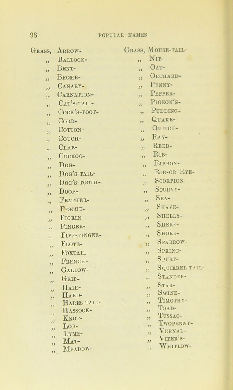 Grass, Arrow- Grass, Mouse-tail- )) Ballock- „ Nit- )) Bent- „ Oat- )) Brome- „ Orchard- )) Canary- „ Penny- )) Carnation- „ Peppkr- )) Cat’s-tail- „ Pigeon’s- )) Cock’s-foot- „ PuDDING- 3) CORD- „ Quake- )) COTTON- „ Quitch- j) CoUCH- „ Ray- )) Crab- „ Reed- y) Cuckoo- „ Rib- Dog- „ Ribbon- DogVtail- „ Rie-or Rye- DogVtootii- „ ScORPION- Doob- „ Scurvy- Feather- „ Sea- Fesoue- „ Shave- Fiorin- ,, Shelly- Finger- „ Shere- Five-finger- „ Shore- Flote- „ Sparrow- Foxtail- „ Sprxng- French- Spurt- Gallow- „ Squirrel-tail- ) ) Grip- „ Stander- )} Hair- „ Star- )) Hard- „ Swine- )) Hares-tail- „ Timothy- )) Hassock- „ Toad- )) Knot- „ Tussac- )) Lob- „ Twopenny- )) Lyme- „ V ERNAL- )) Mat- „ Viper’s- J) )) Meabow- „ Whitlow-