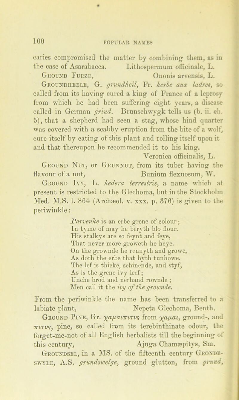 caries compromised the matter by combining them, as in the case of Asarabacca. Lithospermum officinale, L. Ground Furze, Ononis arvensis, L. Groundiieele, G. grundheil, Fr. herbe aux ladres, so called from its having cured a king of France of a leprosy from which he had been suffering eight years, a disease called in German grind. Brunschwygk tells us (b. ii. c-b. 5), that a shepherd had seen a stag, whose hind quarter was covered with a scabby eruption from the bite of a wolf, cure itself by eating of this plant and rolling itself upon it and that thereupon he recommended it to his king. Veronica officinalis, L. Ground Nut, or Grunnut, from its tuber having the flavour of a nut, Bunium flexuosum, W. Ground Ivy, L. liedera terrestris, a name which at present is restricted to the Glechoma, but in the Stockholm Med. M.S. 1. 861 (Archaeol. v. xxx. p. 370) is given to the periwinkle: ParvenJce is an erbe grene of colour; In tyme of may he beryth bio flour. His stalkys are so feynt and feye, That never more groweth he heye. On the grownde he rennytb and growe, As doth the erbe that hyth tunhowe. The lef is thicke, schinende, and styf, As is the grene ivy leef; Unche brod and nerhand rownde ; Men call it the ivy of the grownde. From the periwinkle the name has been transferred to a labiate plant, Nepeta Glechoma, Benth. Ground Pine, Gr. ^afianriTV^ from ya/xat, ground-, and 7TITU9, pine, so called from its terebinthinate odour, the forget-me-not of all English herbalists till the beginning of this century, Ajuga Chamaepitys, Sm. Groundsel, in a MS. of the fifteenth century Gronde- swyle, A.S. grundswelge, ground glutton, from gntnd,