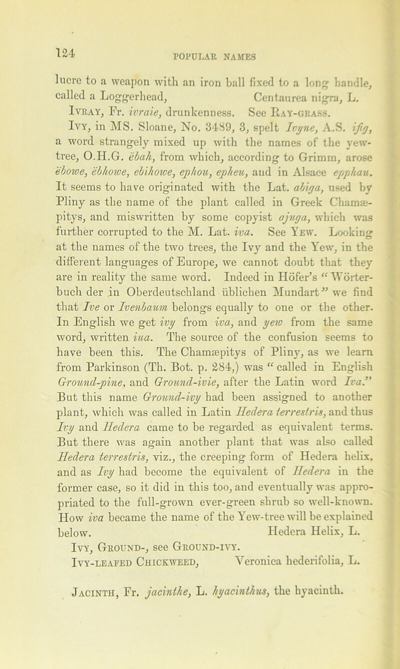 POPULAR NAMES lucre to a weapon with an iron ball fixed to a long handle, called a Loggerhead, Centaurea nigra, L. Ivray, Fr. ivraie, drunkenness. See Hay-grass. Ivy, in MS. Sloane, No. 3489, 3, spelt Ivyne, A.S. ifig, a word strangely mixed up with the names of the yew- tree, O.H.G. ebah, from which, according to Grimm, arose ehowe, ebhowe, ebihowe, ephou, epJieu, and in Alsace epphau. It seems to have originated with the Lat. abiga, used by Pliny as the name of the plant called in Greek Chama:- pitys, and miswritten by some copyist ajuga, which was further corrupted to the M. Lat. iva. See Yew. Looking at the names of the two trees, the Ivy and the Yew, in the different languages of Europe, we cannot doubt that they are in reality the same word. Indeed in Hofer’s “ Worter- buch der in Oberdeutschland iiblichen Mundart” we find that Jve or Ivenbaum belongs equally to one or the other. In English we get ivy from iva, and yew from the same word, written iua. The source of the confusion seems to have been this. The Chamsepitys of Pliny, as we learn from Parkinson (Th. Bot. p. 284,) was “ called in English Ground-pine, and Ground-ivie, after the Latin word Iva.” But this name Ground-ivy had been assigned to another plant, which was called in Latin Hedera ter resir is, and thus Ivy and Hedera came to be regarded as equivalent terms. But there was again another plant that was also called Iledera terrestris, viz., the creeping form of Hedera helix, and as Ivy had become the equivalent of Iledera in the former case, so it did in this too, and eventually was appro- priated to the full-grown ever-green shrub so well-known. How iva became the name of the Yew-tree will be explained below. Hedera Helix, L. Ivy, Ground-, see Ground-ivy. Ivy-leafed Chickweed, Veronica hederifolia, L. Jacinth, Fr. jacinthe, L. hyacinihus, the hyacinth.