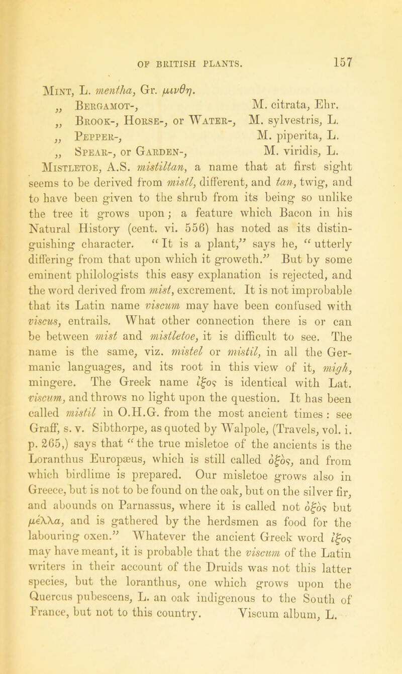 Mint, L. mentha, Gr. fiivd-rj. „ Bergamot-, M. citrata, Ehr. „ Brook-, Horse-, or Water-, M. sylvestris, L. „ Pepper-, M. piperita, L. „ Spear-, or Garden-, M. viridis, L. Mistletoe, A.S. mistiltan, a name that at first sight seems to be derived from misil, different, and tan, twig, and to have been given to the shrub from its being so unlike the tree it grows upon; a feature which Bacon in his Natural History (cent. vi. 556) has noted as its distin- guishing character. “ It is a plant,” says he, “ utterly differing from that upon which it groweth.” But by some eminent philologists this easy explanation is rejected, and the word derived from mist, excrement. It is not improbable that its Latin name viscum may have been confused with viscus, entrails. What other connection there is or can be between mist and mistletoe, it is difficult to see. The name is the same, viz. mistel or mistil, in all the Ger- manic languages, and its root in this view of it, migh, mingere. The Greek name t£o? is identical with Lat. viscum, and throws no light upon the question. It has been called mistil in O.H.G. from the most ancient times : see Graff, s. v. Sibthorpe, as quoted by Walpole, (Travels, vol. i. p. 265,) says that “the true misletoe of the ancients is the Loranthus Europseus, which is still called o£o?, and from which birdlime is prepared. Our misletoe grows also in Greece, but is not to be found on the oak, but on the silver fir, and abounds on Parnassus, where it is called not ofo9 but fiiWa, and is gathered by the herdsmen as food for the labouring oxen.” Whatever the ancient Greek word may have meant, it is probable that the viscum of the Latin writers in their account of the Druids was not this latter species, but the loranthus, one which grows upon the Quercus pubescens, L. an oak indigenous to the South of France, but not to this country. Viscum album, L.