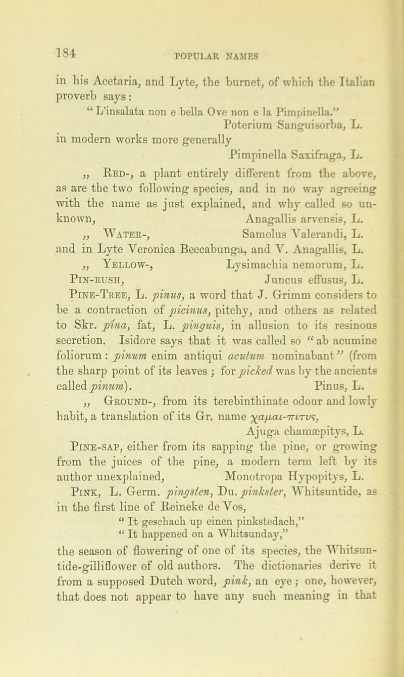 in liis Acetaria, and Lyte, the burnet, of which the Italian proverb says: “ L’insalata non e bella Ove non e la Pimpinella.” Poteriura Sanguisorba, L. in modern works more generally Pimpinella Saxifraga, L. „ Bed-, a plant entirely different from the above, as are the two following species, and in no way agreeing with the name as just explained, and why called so un- known, Anagallis arvensis, L. „ Water-, Samolus Yalerandi, L. and in Lyte Veronica Beecabunga, and V. Anagallis, L. „ Yellow-, Lysimachia nemorum, L. Pin-rush, Juncus effusus, L. Pine-Tree, L. pinus, a word that J. Grimm considers to be a contraction of picinus, pitchy, and others as related to Skr. pina, fat, L. pinguis, in allusion to its resinous secretion. Isidore says that it was called so “ ab acumine foliorum: pinum enim antiqui acutum nominabant ” (from the sharp point of its leaves ; for picked was by the ancients called pinum). Pinus, L. „ Ground-, from its terebinthinate odour and lowly habit, a translation of its Gr. name ^apai-TriTv^, Ajuga chamaspitys, L. Pine-sap, either from its sapping the pine, or growing from the juices of the pine, a modern term left by its author unexplained, Monotropa Hypopitys, L. Pink, L. Germ, pingsten, Du. pinkster, Whitsuntide, as in the first line of Reineke de Yos, “ It geschach up einen pinkstedach,” “ It happened on a Whitsunday,” the season of flowering of one of its species, the Whitsun- tide-gilliflower of old authors. The dictionaries derive it from a supposed Dutch word, pink, an eye; one, however, that does not appear to have any such meaning in that