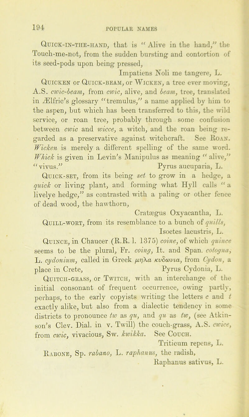 Quick-in-tiie-iiand, that is “ Alive in the hand/’ the Touch-me-not, from the sudden bursting and contortion of its seed-pods upon being pressed, Impatiens Noli me tangere, L. Quicken or Quick-beam, or Wicken, a tree ever moving, A.S. cwlc-beam, from cwic, alive, and beam, tree, translated in iElfric’s glossary “tremulus,” a name applied by him to the aspen, hut which has been transferred to this, the wild service, or roan tree, probably through some confusion between cwic and wicce, a witch, and the roan being re- garded as a preservative against witchcraft. See Roan. Wiclcen is merely a different spelling of the same word. Which is given in Levin’s Manipulus as meaning “ alive,” “ vivus.” Pyrus aucuparia, L. Quick-set, from its being set to grow in a hedge, a quick or living plant, and forming what Hyll calls “ a livelye hedge,” as contrasted with a paling or other fence of dead wood, the hawthorn, Crataegus Oxyacantha, L. Quill-wort, from its resemblance to a bunch of quills, Isoetes lacustris, L. Quince, in Chaucer (R.R. 1. 1375) coine, of which quince seems to be the plural, Fr. coing, It. and Span, cotogna, L. cydonium, called in Greek fig\a tcuSoovia, from Cydon, a place in Crete, Pyrus Cydonia, L. Quitch-grass, or Twitch, with an interchange of the initial consonant of frequent occurrence, owing partly, perhaps, to the early copyists writing the letters c and t exactly alike, but also from a dialectic tendency in some districts to pronounce tw as qu, and qu as tw, (see Atkin- son’s Clev. Dial, in v. Twill) the couch-grass, A.S. cwice, from cwic, vivacious, Sw. hwihha. See Couch. Triticum repens, L. Rabone, Sp. rabano, L. raphanus, the radish, Raphanus sativus, L.