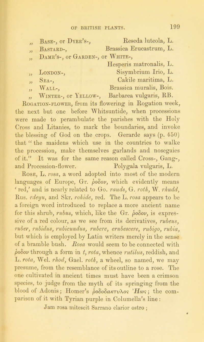 „ Base-, or Dyer’s-, Reseda luteola, L. „ Bastard-, Brassica Erucastrum, L. „ Dame’s-, or Garden-, or White-, Hesperis matronalis, L. „ London-, Sisymbrium Irio, L. „ Sea-, Cakile maritima, L. „ Wall-, Brassica muralis, Bois. „ Winter-, or Yellow-, Barbarea vulgaris, RB. Rogation-flower, from its flowering in Rogation week, the next but one before Whitsuntide, when processions were made to perambulate the parishes with the Holy Cross and Litanies, to mark the boundaries, and invoke the blessing of God on the crops. Gerarde says (p. 450) that “ the maidens which use in the countries to walke the procession, make themselves garlands and nosegaies of it.” It was for the same reason called Cross-, Gang-, and Procession-flower. Polygala vulgaris, L. Rose, L. rosa, a word adopted into most of the modern languages of Europe, Gr. po8ov, which evidently means f red,’ and is nearly related to Go. rauds, G. roth, W. rhudd, Rus. rdeyu, and Skr. rohide, red. The L. rosa appears to be a foreign word introduced to replace a more ancient name for this shrub, rubies, which, like the Gr. po8ov, is expres- sive of a red colour, as we see from its derivatives, rubeus, ruber, rubidus, rubicundus, rubere, erubescere, rubigo, rubia, but which is employed by Latin writers merely in the sense of a bramble bush. Rosa would seem to be connected with po8ov through a form in t, rota, whence rutilus, reddish, and L. rota, Wei. rhod, Gael, rotli, a wheel, so named, we may presume, from the resemblance of its outline to a rose. The one cultivated in ancient times must have been a crimson species, to judge from the myth of its springing from the blood of Adonis; Homer’s po8o8a/CTv\o‘; ’JJai?; the com- parison of it with Tyrian purple in Columella’s line: Jam rosa mitescit Sarrano clarior ostro ;