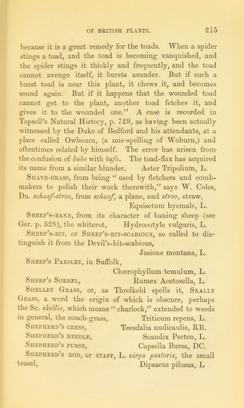 because it is a great remedy for the toads. When a spider stings a toad, and the toad is becoming vanquished, and the spider stings it thickly and frequently, and the toad cannot avenge itself, it hursts asunder. But if such a burst toad is near this plant, it chews it, and becomes sound again. But if it happens that the wounded toad cannot get to the plant, another toad fetches it, and gives it to the wounded one.” A case is recorded in TopseIPs Natural History, p. 729, as having been actually witnessed by the Duke of Bedford and his attendants, at a place called Owbourn, (a mis-spelling of Woburn,) and oftentimes related by himself. The error has arisen from the confusion of bubo with biifo. The toad-flax has acquired its name from a similar blunder. Aster Tripolium, L. Shave-grass, from being “ used by fletchers and comb- makers to polish their work therewith,” says W. Coles, Du. schaaf-stroo, from schaaf, a plane, and slroo, straw, Equisetum hyemale, L. Sheep’s-bane, from its character of baning sheep (see Ger. p. 528), the whiterot, Hydrocotyle vulgaris, L. Sheep’s-bit, or Sheep’s-bit-scabious, so called to dis- tinguish it from the Devil’s-bit-scabious, Shelley Grass, or, as Threlkeld spells it, Srally Grass, a word the origin of which is obscure, perhaps the Sc. skellie, which means “ charlock,” extended to weeds Jasione montana, L. Sheep’s Parsley, in Suffolk, Sheep’s Sorrel, Chserophyllum temulum, L. Hum ex Acetosella, L. in general, the couch-grass, Triticum repens, L. Shepherd’s cress. Shepherd’s needle, Shepherd’s purse. Teesdalia nudicaulis, RB. Scandix Pecten, L. Capsella Bursa, DC. Shepherd’s rod, or staff, L. virga pas/oris, the small teasel Dipsacus pilosus, L