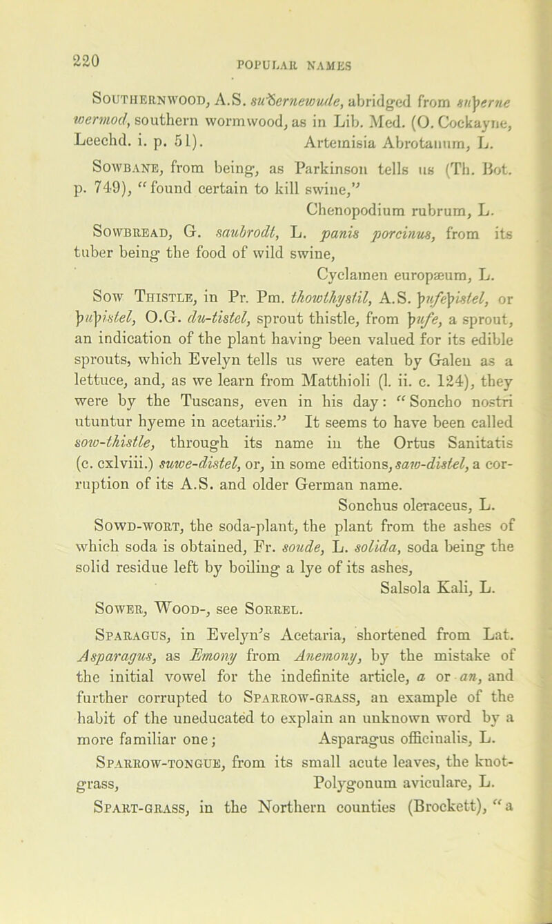 Southernwood, A.S. stiver new tule, abridged from sttyerne wermod, southern wormwood, as in Lib. Med. (O. Cockayne, Leechd. i. p. 51). Artemisia Abrotanum, L. Sowbane, from being, as Parkinson tells ns (Th. Hot. p. 749), “found certain to kill swine,” Chenopodium rubrum, L. Sowbread, G. saubrodt, L. panis porcinus, from its tuber being the food of wild swine, Cyclamen europaeum, L. Sow Thistle, in Pr. Pm. tkowlhyslil, A.S. \ufe\istel, or \u\htel, O.G. du-tistel, sprout thistle, from \ufe, a sprout, an indication of the plant having been valued for its edible sprouts, which Evelyn tells us were eaten by Galen as a lettuce, and, as we learn from Matthioli (1. ii. c. 124), they were by the Tuscans, even in his day: “ Soncho nostri utuntur hyeme in acetariis.” It seems to have been called sow-thistle, through its name in the Ortus Sanitatis (c. cxlviii.) suwe-distel, or, in some editions, saw-distel, a cor- ruption of its A.S. and older German name. Sonchus oleraceus, L. Sowd-wort, the soda-plant, the plant from the ashes of which soda is obtained, Fr. soude, L. solida, soda being the solid residue left by boiling a lye of its ashes, Salsola Kali, L. Sower, Wood-, see Sorrel. Sparagus, in Evelyn’s Acetaria, shortened from Lat. Asparagus, as Emony from Anemony, by the mistake of the initial vowel for the indefinite article, a or an, and further corrupted to Sparrow-grass, an example of the habit of the uneducated to explain an unknown word by a more familiar one; Asparagus officinalis, L. Sparrow-tongue, from its small acute leaves, the knot- grass, Polygonum aviculare, L. Spart-grass, in the Northern counties (Brockett), “a