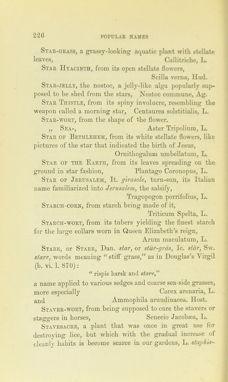 OOfi Star-grass, a grassy-looking aquatic plant with stellate leaves, Callitriche, L. Star Hyacinth, from its open stellate flowers, Scilla verna. Hud. Star-jelly, the nostoc, a jelly-like alga popularly sup- posed to be shed from the stars, Nostoc commune, Ag. Star Thistle, from its spiny involucre, resembling the weapon called a morning star, Centaurea solstitialis, L. Star-wort, from the shape of the flower. ,, Sea-, Aster Tripolium, L. Star of Bethlehem, from its white stellate flowers, like pictures of the star that indicated the birth of Jesus, Ornithogalum umbellatum, L. Star of the Barth, from its leaves spreading on the ground in star fashion, Plantago Coronopus, L. Star of Jerusalem, It. girasole, turn-sun, its Italian name familiarized into Jerusalem, the salsify, Tragopogon porrifolius, L. Starch-corn, from starch being made of it, Triticum Spelta, L. Starch-wort, from its tubers yielding the finest starch for the large collars worn in Queen Elizabeth’s reign. Arum maculatum, L. Stare, or Starr, Dan. star, or star-gras, Ic. s/dr, Sw. starr, words meauiug “ stiff grass,” as in Douglas’s \ irgil (b. vi. 1. 87U): “ rispis harsk and stare, a name applied to various sedges and coarse sea-side grasses, more especially Carex arenaria, L. and Ammophila arundinacea. Host. Staver-wort, from being supposed to cure the stavers or staffarers in horses, Senecio Jacobsea, L. Stavesacre, a plant that was once in great use for destroying lice, but which with the gradual increase of cleanly habits is become scarce in our gardens, L. stajj/ils-