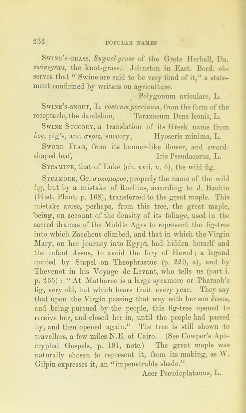 23 2 Swine's-grass, Swynclgrass of the Grete Herball, Da. swinegrces, the knot-grass. Johnston in East. Bord. ob- serves that “ Swine are said to be very fond of it,” a state- ment confirmed by writers on agriculture. Polygonum aviculare, L. Swine’s-snout, L. rostrum porcinum, from the form of the receptacle, the dandelion. Taraxacum Dens leonis, L. Swine Succory, a translation of its Greek name from U09, pig's, and crept?, succory, Hyoseris minima, L. Sword Flag, from its banner-like flower, and sword- shaped leaf, Iris Pseudacorus, L. Sycamine, that of Luke (ch. xvii. v. 6), the wild fig. Sycamore, Gr. cro/cop-opo?, properly the name of the wild fig, but by a mistake of Ruellius, according to J. Bauhin (Hist. Plant, p. 168), transferred to the great maple. This mistake arose, perhaps, from this tree, the great maple, being, on account of the density of its foliage, used in the sacred dramas of the Middle Ages to represent the fig-tree into which Zaccheus climbed, and that in which the Virgin Mary, on her journey into Egypt, had hidden herself and the infant Jesus, to avoid the fury of Herod ; a legend quoted by Stapel on Theophrastus (p. 220, a), and by Thevenot in his Voyage de Levant, who tells us (part i. p. 265) : “ At Matharee is a large sycamore or Pharaoh's fig, very old, but which bears fruit every year. They say that upon the Virgin passing that way with her son Jesus, and being pursued by the people, this fig-tree opened to receive her, and closed her in, until the people had passed by, and then opened again.” The tree is still shown to travellers, a few miles N.E. of Cairo. (See Cowper’s Apo- cryphal Gospels, p. 191, note.) The great maple was naturally chosen to represent it, from its making, as NV. Gilj^in expresses it, an “impenetrable shade.” Acer Pseudoplatanus, L.