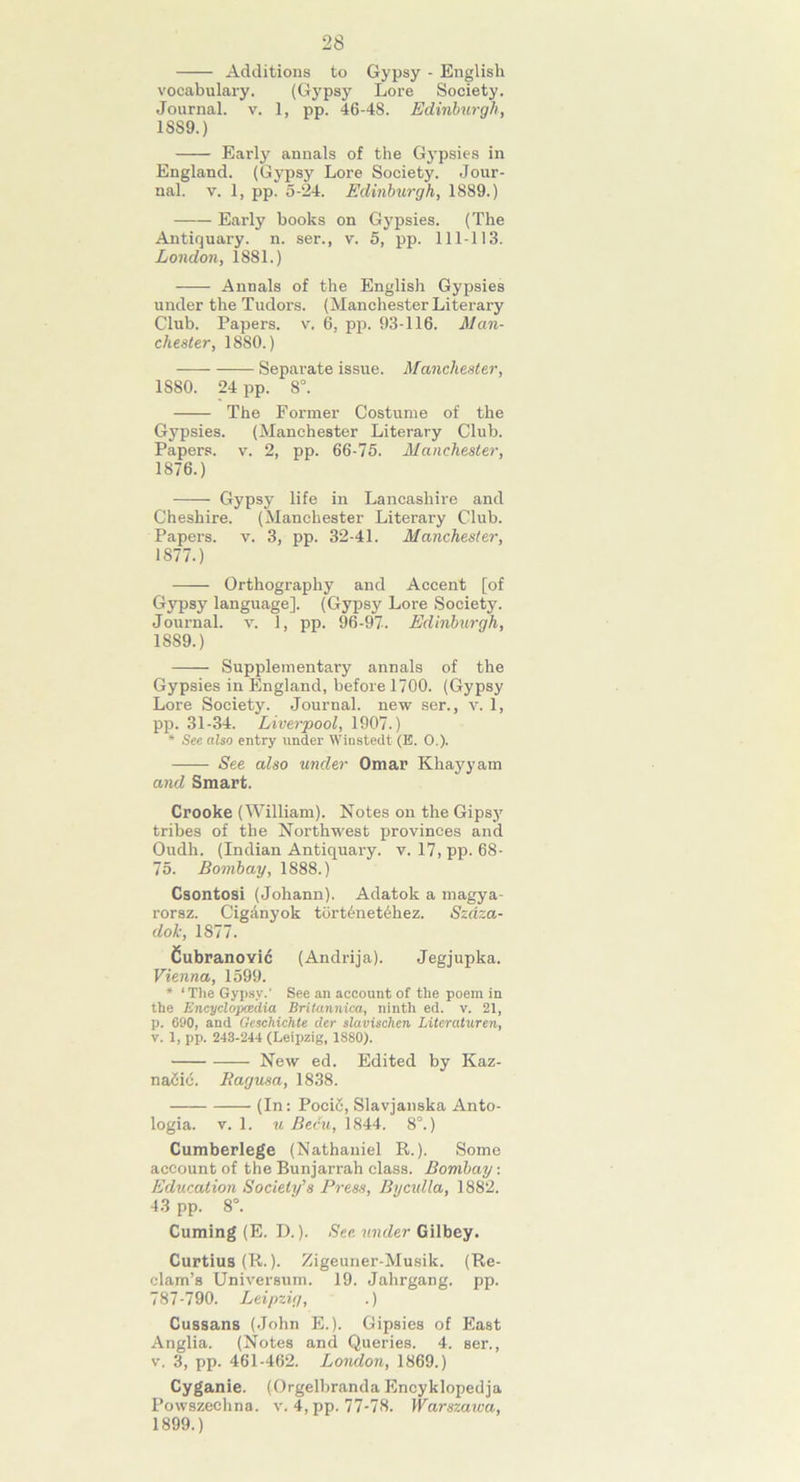 28 Additions to Gypsy - English vocabulary. (Gypsy Lore Society. Journal, v. 1, pp. 46-48. Edinburgh, 1SS9.) Early annals of the Gypsies in England. (Gypsy Lore Society. Jour- nal. v. 1, pp. 5-24. Edinburgh, 1889.) Early books on Gypsies. (The Antiquary, n. ser., v. 5, pp. 111-113. London, 1881.) Annals of the English Gypsies under the Tudors. (Manchester Literary Club. Papers, v. 6, pp. 93-116. Man- chester, 1880.) Separate issue. Manchester, 1S80. 24 pp. 8°. The Former Costume of the Gypsies. (Manchester Literary Club. Papers, v. 2, pp. 66-75. Manchester, 1876. ) Gypsy life in Lancashire and Cheshire. (Manchester Literary Club. Papers, v. 3, pp. 32-41. Manchester, 1877. ) — Orthography and Accent [of Gypsy language]. (Gyps}' Lore Society. Journal, v. 1, pp. 96-97. Edinburgh, 18S9.) Supplementary annals of the Gypsies in England, before 1700. (Gypsy Lore Society. Journal, new ser., v. 1, pp. 31-34. Liverpool, 1907.) * See also entry under Winstedt (E. 0.). See also under Omar Khayyam and Smart. Crooke (William). Notes on the Gipsy tribes of the Northwest provinces and Oudh. (Indian Antiquary, v. 17, pp. 68- 75. Bombay, 1888.) Csontosi (Johann). Adatok a magya- rorsz. Cig&nyok tort6net6hez. Szdza- dok, 1S77. Cubranovic (Andrija). Jegjupka. Vienna, 1599. * ‘ The Gypsy.' See an account of the poem in the Encyclopedia Britannica, ninth ed. v. 21, p. 690, and Geschichte der slavischen Litcraturen, v. 1, pp. 243-244 (Leipzig, 1880). New ed. Edited by Kaz- nacic. Ragusa, 1838. (In: Pocic, Slavjanska Anto- logia. v. 1. u Been, 1844. 8°.) Cumberlege (Nathaniel R.). Some account of the Bunjarrah class. Bombay: Education Society's Press, Bycidla, 1882. 43 pp. 8°. Cuming (E. D.). Sec, under Gilbey. Curtius (R.). Zigeuner-Musik. (Re- clam’s Universum. 19. Jahrgang. pp. 787-790. Leipzig, .) Cussans (John E.). Gipsies of East Anglia. (Notes and Queries. 4. ser., v. 3, pp. 461-462. London, 1869.) Cyganie. (Orgelbranda Encyklopedja Powszeehna. v. 4, pp. 77-78. Warszawa, 1899.)