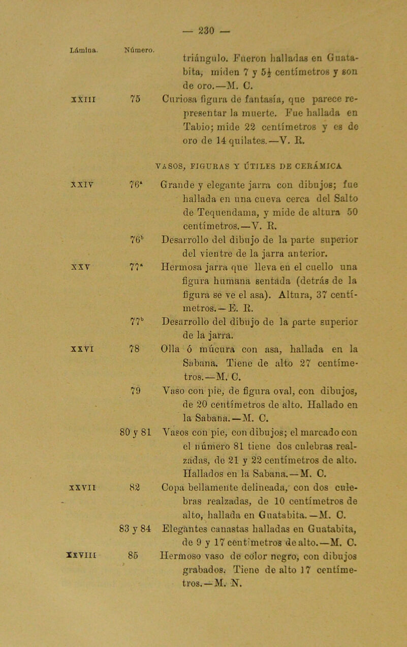 Liltiiloa. 2XIII xxly XXV XXVI IXVII Número. triángulo. Fueron halladas en Guata- bita, miden 7 y 5^ centímetros y son de oro.—M. C. 75 Curiosa figura de fantasía, que parece re- presentar la muerte. Fue hallada en Tabio; mide 22 centímetros y es de oro de 14 quilates.—V. 11. VASOS, FIGURAS Y UTILES DE CERÁMICA 76‘ Grande y elegante jarra con dibujos; fue hallada en una cueva cerca del Salto de Tequendaina, y mide de altura 50 centímetros.—V. E. 76*“ Desarrollo del dibujo de la parte superior del vientre de la jarra anterior. 77“ Hermosa jarra que lleva en el cuello una figura humana sentada (detrás de la figura se ve el asa). Altura, 37 centí- metros.—E. E. 77*’ Desarrollo del dibujo de la parte superior de la jarra. 78 Olla ó mucura con asa, hallada en la Sabana. Tiene de alto 27 centíme- tros.—M.' C. 79 Vaso con pie, de figura oval, con dibujos, de 20 centímetros de alto. Hallado en la Sabana.—M. C. 80 y 81 Vasos con pie, con dibujos; el marcado con el número 81 tiene dos culebras real- zadas, do 21 y 22 centímetros de alto. Hallados en la Sabana.—M. C. 82 Copa bellamente delineada, con dos cule- bras realzadas, de 10 centímetros de alto, hallada en Gnatabita. —M. C. 83 y 84 Elegantes canastas halladas en Guatabita, de 9 y 17 centímetros de alto.—M. C. 86 Hermoso vaso de cdlor negro, con dibujos grabados. Tiene de alto ] 7 centíme- tros.—M. N. XXVIII