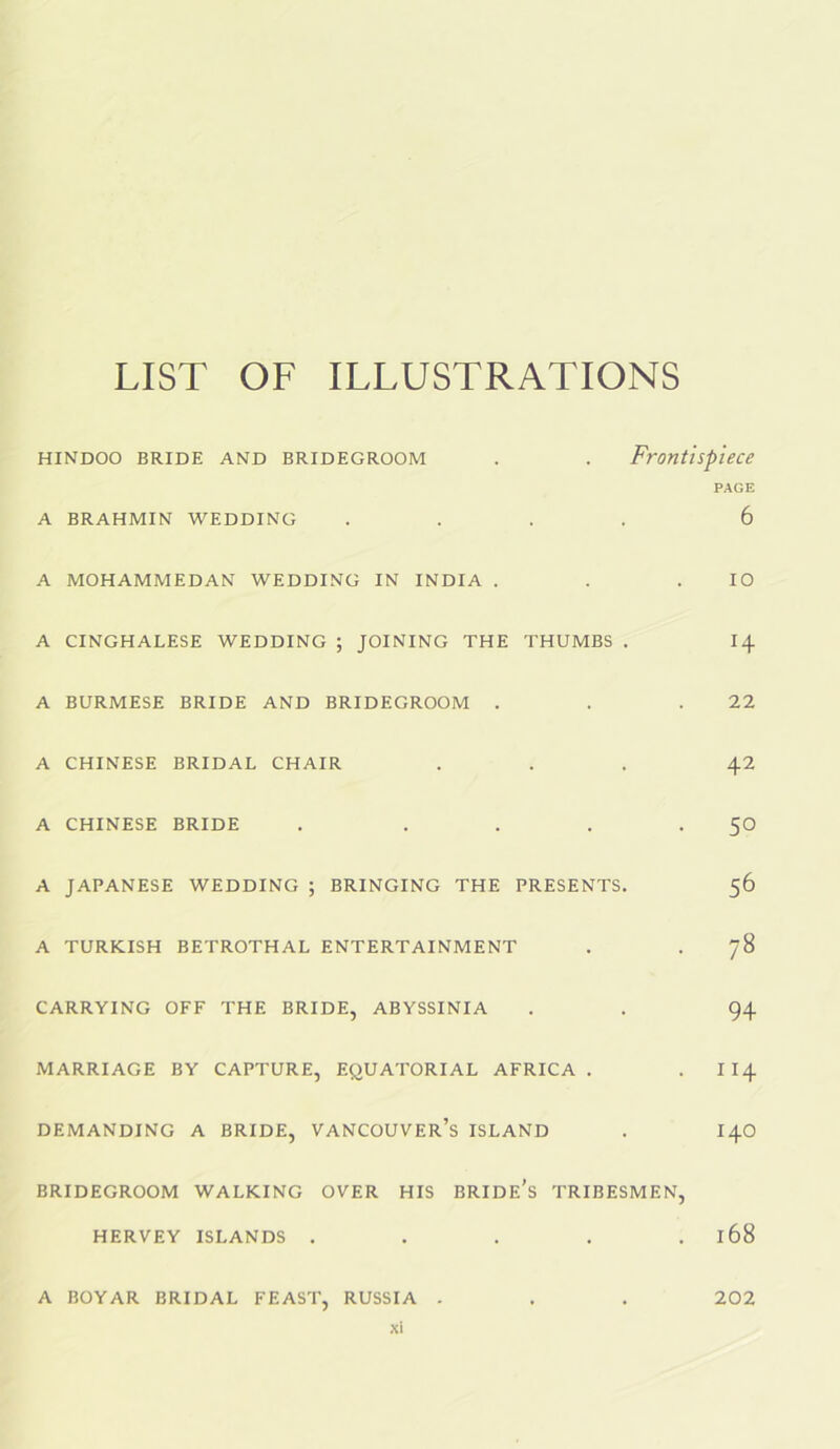 LIST OF ILLUSTRATIONS HINDOO BRIDE AND BRIDEGROOM . . Frontispiece PAGE A BRAHMIN WEDDING .... 6 A MOHAMMEDAN WEDDING IN INDIA . . .10 A CINGHALESE WEDDING ; JOINING THE THUMBS . I4 A BURMESE BRIDE AND BRIDEGROOM . . .22 A CHINESE BRIDAL CHAIR ... 42 A CHINESE BRIDE . . . . -50 A JAPANESE WEDDING ; BRINGING THE PRESENTS. 56 A TURKISH BETROTHAL ENTERTAINMENT . . 78 CARRYING OFF THE BRIDE, ABYSSINIA . . 94 MARRIAGE BY CAPTURE, EQUATORIAL AFRICA. . II4 DEMANDING A BRIDE, VANCOUVER’S ISLAND . I4O BRIDEGROOM WALKING OVER HIS BRIDE’s TRIBESMEN, HERVEY ISLANDS ..... 168 A BOYAR BRIDAL FEAST, RUSSIA . . . 202