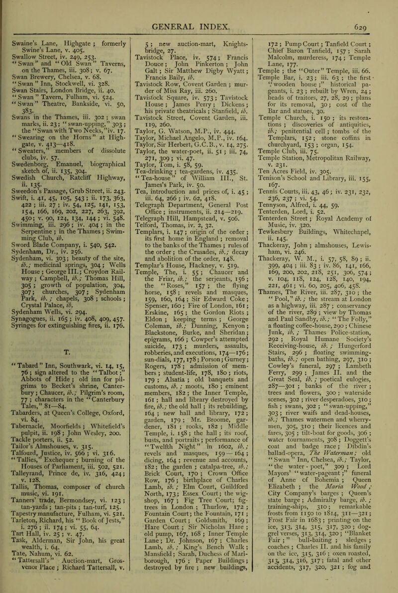 Swaine’s Lane, Highgate ; formerly Swine’s Lane, v. 405. Swallow Street, iv. 249, 253. “ Swan ” and “Old Swan” Taverns, on the Thames, iii. 308; v. 67. Swan Brewery, Chelsea, v. 68. “Swan” Inn, Stockwell, vi. 328. Swan Stairs, London Bridge, ii. 40. “ Swan ” Tavern, Fulham, vi. 524. “Swan” Theatre, Bankside, vi. 50, 383- Swans in the Thames, iii. 302 ; swan marks, ii. 23; “swan-upping,” 303 ; the “Swan with Two Necks,”iv. 17. “Swearing on the Horns” at High- gate, V. 413—418. “ Sweaters,” members of dissolute clubs, iv. 57. Swedenborg, Emanuel, biographical sketch of, ii. 135, 304. Swedish Church, Ratcliff Highway, ii. 135- Sweedon’s Passage, Grub Street, ii. 243. Swift, i. 41, 45, 105, 543; ii. 173, 363, 422 ; iii. 27 ; iv. 54, 125, 141, 153, 154, 166, 169, 202, 227, 263, 392, 450; V. 90, 124, 134, 144; vi. 548. Swimming, iii. 296; iv. 404 ; in the Serpentine ; in the Thames ; Swim- ming Club, ib. Sword Blade Company, i. 54O1 542. Sydenham, Dr., iv. 256. Sydenham, vi. 303; beauty of the site, ib.; medicinal springs, 304; Wells House ; George III.; Croydon Rail- way ; Campbell, ib.; Thomas Hill, 305 ; growth of population, 304, 307; churches, 307; Sydenham Park, ib. ; chapels, 308 ; schools ; Crystal Palace, ib. Sydenham Wells, vi. 294. Synagogues, ii. 165 ; iv. 408, 409, 457. Syringes for extinguishing fires, ii. 176. T. “Tabard” Inn, Southwark, vi. 14, 15, 76; sign altered to the “Talbot;” Abbots of Hide ; old inn for pil- grims to Becket’s shrine, Canter- bury ; Chaucer, ib.; Pilgrim’s room, 77 ; characters in the “Canterbury Tales,” 81—84. Tabarders, at Queen’s College, Oxford, vi. 84. Tabernacle, Moorfields; Whitefield’s pulpit, ii. 198 ; John Wesley, 200. Tackle porters, ii. 52. Tailor’s Almshouses, v. 315. Talfourd, Justice, iv. 566 ; vi. 316. “Tallies,” Exchequer; burning of the Houses of Parliament, iii. 502, 521. Talleyrand, Prince de, iv. 316, 424; V. 128. Tallis, Thomas, composer of church music, vi. 191. Tanners’ trade, Bermondsey, vi. 123 ; tan-yards; tan-pits; tan-turf, 125. Tapestry manufacture, Fulham, vi. 521. Tarleton, Richard, his “ Book of Jests,” i. 276 ; ii. 174; vi. 55, 64. Tart Hall, iv. 25 ; v. 47. Task, Alderman, Sir John, his great wealth, i. 64. Tate, Nahum, vi. 62. “ Tattersall’s ” Auction-mart, Gros- venor Place ; Richard Tattersall, v. 5 ; new auction-mart, Knights- bridge, 27. Tavistock Place, iv. 574; Francis Douce; John Pinkerton ; John Galt; Sir Matthew Digby Wyatt; Francis Baily, ib. Tavistock Row, Covent Garden ; mur- der of Miss Ray, iii. 260. Tavistock Square, iv. 573; Tavistock House ; James Perry ; Dickens ; his private theatricals ; Stanfield, ib. Tavistock Street, Covent Garden, iii. 119, 260. Taylor, G. Watson, M.P., iv. 444. Taylor, Michael Angelo, M.P., iv. 164. Taylor, Sir Herbert, G.C.B., v. 14, 275. Taylor, the water-poet, ii. 51 ; iii. 74, 271, 309; vi. 47. Taylor, Tom, i. 58, 59. Tea-drinking ; tea-gardens, iv. 435. “Tea-house” of William HI., St. James’s Park, iv. 50. Tea, introduction and prices of, i. 45 ; iii. 64, 266 ; iv. 62, 418. Telegraph Department, General Post Office; instruments, ii. 214—219. Telegraph Hill, Hampstead, v. 506. Telford, Thomas, iv. 2, 32. Templars, i. 147; origin of the order ; its first home in England ; removal to the banks of the Thames ; rules of the order ; the Crusades, ib.; decay and abolition of the order, 148. Templar’s House, Hackney, v. 519. Temple, The, i. 55 ; Chaucer and the Friar, ib.; the serjeants, 156; the “Roses,” iS7 ; the flying horse, 158; revels and masques, 159, 160, 164; Sir Edward Coke; Spenser, 160 ; Fire of London, 161; Erskine, 165 ; the Gordon Riots ; Eldon ; keeping terms ; George Coleman, ib.; Dunning, Kenyon; Blackstone, Burke, and Sheridan; epigrams, 166 ; Cowper’s attempted suicide, 173 ; murders, assaults, robberies, and executions, 174—176; sun-dials, 177,178; Porson; Gurney; Rogers, 178; admission of mem- bers ; student-life, 178, 180; riots, 179 ; Alsatia ; old banquets and customs, ib. ; moots, 180 ; eminent members, 182; the Inner Temple, 161 ; hall and library destroyed by fire, ib.; the old hall ; its rebuilding, 164 ; new hall and library, 172; garden, 179 ; Mr. Broome, gar- dener, 181 ; rooks, 182 ; Middle Temple, i. 158; the hall ; its roof, busts, and portraits ; performance of “Twelfth Night” in 1602, ib.; revels and masques, 159—164; dicing, 164 ; revenue and accounts, 182; the garden ; catalpa-tree, tb.; Brick Court, 170 ; Crown Office Row, 176; birthplace of Charles Lamb, ib. ; Elm Court, Guildford North, 173; Essex Court; the wig- shop, 167 ; Fig Tree Court; fig- trees in London ; Thurlow, 172 ; Fountain Court; the Fountain, 171 ; Garden Court; Goldsmith, 169 ; Hare Court ; Sir Nicholas Hare ; old pump, 167, 168 ; Inner Temple Lane; Dr. Johnson, 167 ; Charles Lamb, ib.; King’s Bench Walk; Mansfield; Sarah, Duchess of Marl- borough, 176; Paper Buildings; destroyed by fire ; new buildings. 172 ; Pump Court; Tanfield Court ; Chief Baron Tanfield, 157 ; Sarah Malcolm, murderess, 174; Temple Lane, 177. Temple ; the “Outer” Temple, iii. 66. Temple Bar, i. 23 ; iii. 63 ; the first • V wooden house;” historical pa- geants, i. 23 ; rebuilt by Wren, 24; heads of traitors, 27, 28, 29; plans for its removal, 30; cost of the Bar and statues, 30. Temple Church, i. 150 ; its restora- tions ; discoveries of antiquities, ib.; penitential cell ; tombs of the Templars, 152; stone coffins in churchyard, 153 ; organ, 154. Temple Club, iii. 75. Temple Station, Metropolitan Railway, V. 231. Ten Acres Field, iv. 305. Tenison’s School and Library, iii. 155, 167. Tennis Courts, iii. 43, 46; iv. 231, 232, 236, 237 ; vi. 54. Tennyson, Alfred, i. 44, 59. Tenterden, Lord, i. 52. Tenterden Street; Royal Academy of Music, iv. 320. Tewkesbury Buildings, Whitechapel, ii. 145. Thackeray, John ; almshouses, Lewis- ham, vi. 246. Thackeray, W. M., i. 57, 58, 89 ; ii. 399, 404 ; iii. 83 ; iv. 86, 141, 166, 169, 200, 202, 218, 251, 306, 574; V. 104, 118, 124, 128, 140, 194, 221, 461; vi. 60, 205, 406, 458. Thames, The River, iii. 287, 310 ; the “ Pool,” ib.; the stream at London as a highway, iii. 287 ; conservancy of the river, 289 ; view by Thomas and Paul Sandby, ib.; “ The Folly,” a floating coffee-house, 290 ; Chinese Junk, ib. ; Thames Police-station, 292 ; Royal Humane Society’s Receiving-house, ib. ; Hungerford Stairs, 296 ; floating swimming- baths, ib.; open bathing, 297, 310 ; Cowley’s funeral, 297 ; Lambeth Ferry, 299 ; James II. and the Great Seal, ib.; poetical eulogies, 287—301 ; banks of the river ; trees and flowers, 300; waterside scenes, 302 ; river desperadoes, 310 ; fish; swans, 302 ; “swan-upping,” 303 ; river waifs and dead-houses, ib.; Thames watermen and wherry- men, 305, 310 ; their licences and fares, 305 ; tilt-boat for goods, 306 ; water tournaments, 308 ; Doggett’s coat and badge race; Dibdin’s ballad-opera. The Waternuxn; old “ Swan ” Inn, Chelsea, ib.; Taylor, “ the water - poet,” 309 ; Lord Mayors’ “water-pageant;” funeral of Anne of Bohemia ; Queen Elizabeth ; the Maria Wood ; City Company’s barges ; Queen’s state barge ; Admiralty barge, ib. ; training-ships, 310; remarkable frosts from 1150 to 1814, 311—321; Frost Fair in 1683 ; printing on the ice, 313, 314, 315, 317, 320; dog- grel verses, 313, 314, 320 ; “Blanket Fair ; ” bull-baiting ; sledges ; coaches ; Charles II. and his family on the ice, 315, 316 ; oxen roasted, 313, 314, 316, 317; fatal and other accidents, 317, 320, 321 ; fog and