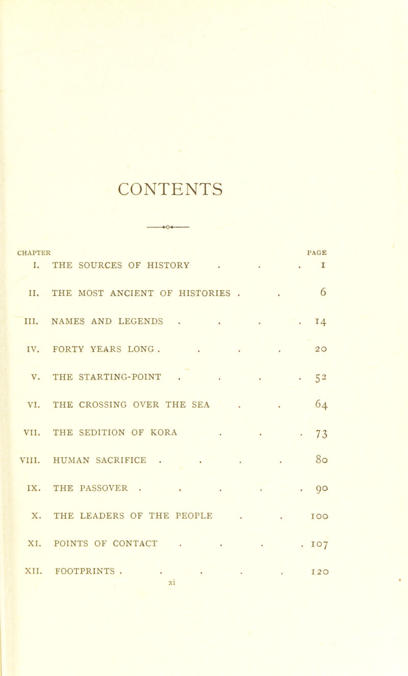 CONTENTS CHAPTER PAGE I. THE SOURCES OF HISTORY . . .1 II. THE MOST ANCIENT OF HISTORIES . . 6 III. NAMES AND LEGENDS . . . -14 IV. FORTY YEARS LONG .... 20 V. THE STARTING-POINT . . . • 52 VI. THE CROSSING OVER THE SEA . . 64 VII. THE SEDITION OF KORA . . -73 VIII. HUMAN SACRIFICE . . . . 80 IX. THE PASSOVER . . . . .90 X. THE LEADERS OF THE PEOPLE . . IOO XI. POINTS OF CONTACT . . . . 107 XII. FOOTPRINTS . . . . .120