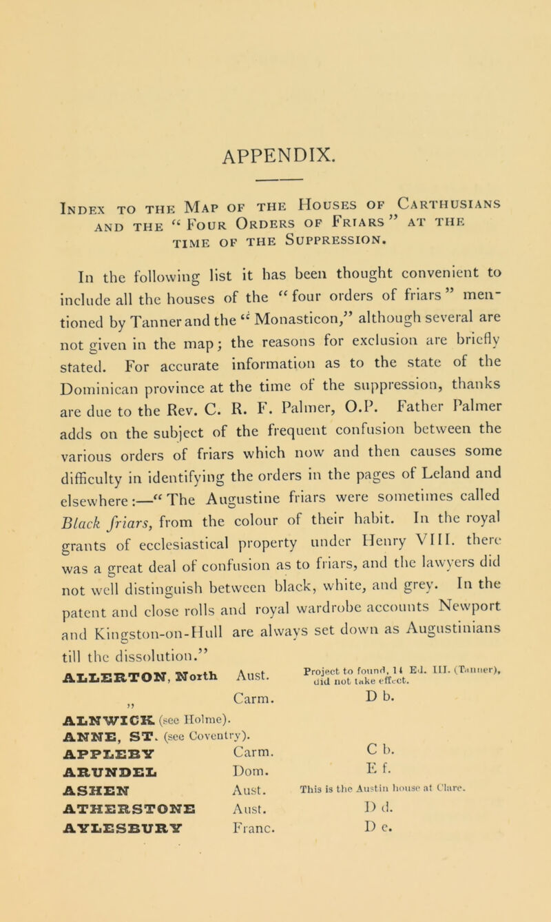 appendix. Index to the IVIap of the Houses of Oar!husians and the ee Four Orders of I*rtars ai ihr time of the Suppression. In the following list it has been thought convenient to include all the houses of the “ four orders of friars ” men- tioned by Tanner and the “ Monasticon,” although several are not given in the mapj the reasons lor exclusion aic bncfly stated. For accurate information as to the state of the Dominican province at the time ot the suppiession, thanks are due to the Rev. C. R. I' • Palmer, O.I . Fathei I aimer adds on the subject of the frequent confusion between the various orders of friars which now and then causes some difficulty in identifying the orders in the pages of Leland and elsewhere: “The Augustine friars were sometimes called Black friars, from the colour of their habit. In the royal grants of ecclesiastical property under Henry VIII. there was a great deal ol confusion as to fiiais, and the lawyers did not well distinguish between black, white, and giey. In the patent and close rolls and royal wardrobe accounts Newport and Kingston-on-Hull are always set down as Augustinians till the dissolution.” ALLERTON. Worth Aust. Carm. Project to found, 14 Ed. III. (Tanner), did not take effect. D b. ALNWICK (sec Holme). ANNE, ST. (see Coventry). APPLEBY ARUNDEL ASHEN ATHERSTONE AYLESBURY Carm. Dorn. Aust. Aust. Franc.