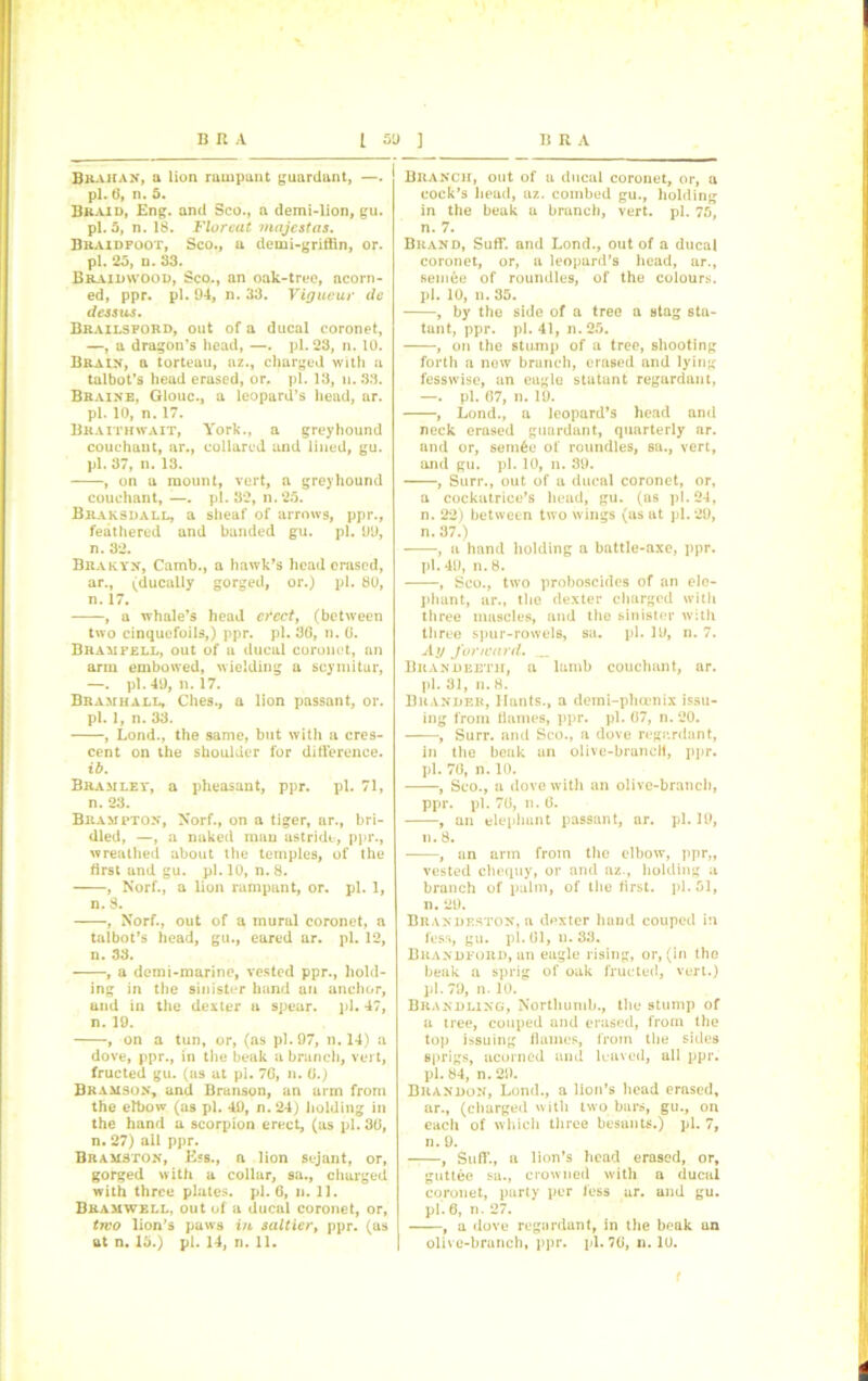 Bkahan, a lion rampant guardant, —. pi. 0, n. 5. Braid, Eng. and Sco., a demi-lion, gu. pi. 5, n. 18. Florcat niajestas. Braidfoot, Sco., a demi-griffin, or. pi. 25, n. S3. Braidwood, Sco., an oak-true, acorn- ed, ppr. pi. 94, n. 33. Vigueur de denies. Brailsford, out of a ducal coronet, —, a dragon’s head, —. pi. 23, n. 10. Brain, a torteau, az., charged with a talbot’s head erased, or. pi. 13, n. 33. Braixe, Glouc., a leopard’s head, ar. pi. 10, n. 17. Bra ith WAIT, York., a greyhound couchant, ar., collared and lined, gu. pi. 37, n. 13. , on a mount, vert, a greyhound couchant,—. pi. 32, n. 25. Braksdall, a sheaf of arrows, ppr., feathered and banded g-u. pi. 99, n. 32. Brakyn, Camb., a hawk’s head erased, ar., (ducally gorged, or.) pi. 80, n. 17. , a whale’s head erect, (between two cinquefoils,) ppr. pi. 30, n. 0. Brampell, out of a ducal coronet, an arm embowed, wielding a scyinitur, —. pi. 49, n. 17. Bramhall, Ches., a lion passant, or. pi. 1, n. 33. , Lond., the same, but with a cres- cent on the shoulder for difference. ib. Bramley, a pheasant, ppr. pi. 71, n. 23. Brampton*, Norf., on a tiger, ar., bri- dled, —, a naked man astride, ppr., wreathed about the temples, of the first and gu. pi. 10, n. 8. , Norf., a lion rampant, or. pi. 1, n. 8. , Norf., out of a mural coronet, a talbot’s head, gu., eared ar. pi. 12, n. 33. , a demi-marine, vested ppr., hold- ing in the sinister hand an anchor, und in the dexter a spear, pi. 47, n. 19. , on a tun, or, (as pi. 97, n. 14) a dove, ppr., in the beak a brunch, vert, fructed gu. (us at pi. 70, n. 0.) Bramson, and Branson, an arm from the elbow (as pi. 49, n. 24) holding in the hand a scorpion erect, (as pi. 30, n. 27) all ppr. Bramston, Ess., a lion sejant, or, gorged with a collar, sa., charged with three plates, pi. 6, u. 11. Bkamwell, out of a ducal coronet, or, trvo lion’s paws in saltier, ppr. (as at n. 15.) pi. 14, n. 11. Branch, out of a ducal coronet, or, a cock’s head, az. combed gu., holding in the beak a branch, vert. pi. 75, n. 7. Brand, Suff. and Lond., out of a ducal coronet, or, a leopard’s head, ar., sem6e of roundles, of the colours, pi. 10, n. 35. , by the side of a tree a stag sta- tant, ppr. pi. 41, n. 25. , on the stump of a tree, shooting forth a now branch, erased and lying fesswise, an eagle statunt regardant, —. pi. 07, n. 19. , Lond., a leopard’s head and neck erased guardant, quarterly ar. and or, sem6e of roundles, sa., vert, and gu. pi. 10, n. 39. , Surr., out of a ducal coronet, or, a cockatrice’s head, gu. (as pi. 24, n. 22) between two wings (as at pi. 29, n. 37.) , a hand holding a battle-axe, ppr. pi. 40, n. 8. , Sco., two proboscides of an ele- phant, ar., the dexter charged with three muscles, and the sinister with three spur-rowels, sa. pi. 19, n. 7. Ay forward. _ Buandeeth, a lamb couchant, ar. pi. 81, n. 8. Brander, Hants., a derai-phtenix issu- ing from flames, ppr. pi. 07, n. 20. , Surr. and Sco., a dove regardant, in the beak an olive-branch, ppr. pi. 70, n. 10. , Sco., a dove with an olive-branch, ppr. pi. 70, n. 0. , an elephant passant, ar. pi. 19, a. 8. , an arm from the elbow, ppr,, vested chequy, or and az., holding a branch of palm, of the first, pi. 51, n. 29. Brandeston, a dexter hand couped in fess, gu. pi. 01, n.33. Brandford, an eagle rising, or, (in the beak a sprig of oak fructed, vert.) pi. 79, n. 10. Brandling, Northumb., the stump of a tree, couped and erased, from the top issuing flames, from the sides sprigs, ucorncd and leaved, all ppr. pi. 84, n. 29. Brandon, Lond., a lion’s head erased, ar., (charged with two bars, gu., on each of which three besants.) pi. 7, n. 9. , Suff’., a lion’s head erased, or, guttee sa., crowned with a ducal coronet, party per less ar. and gu. pi. 6, n. 27. , a dove regardunt, in the beak an olive-branch, ppr. pi. 70, n. 10. f