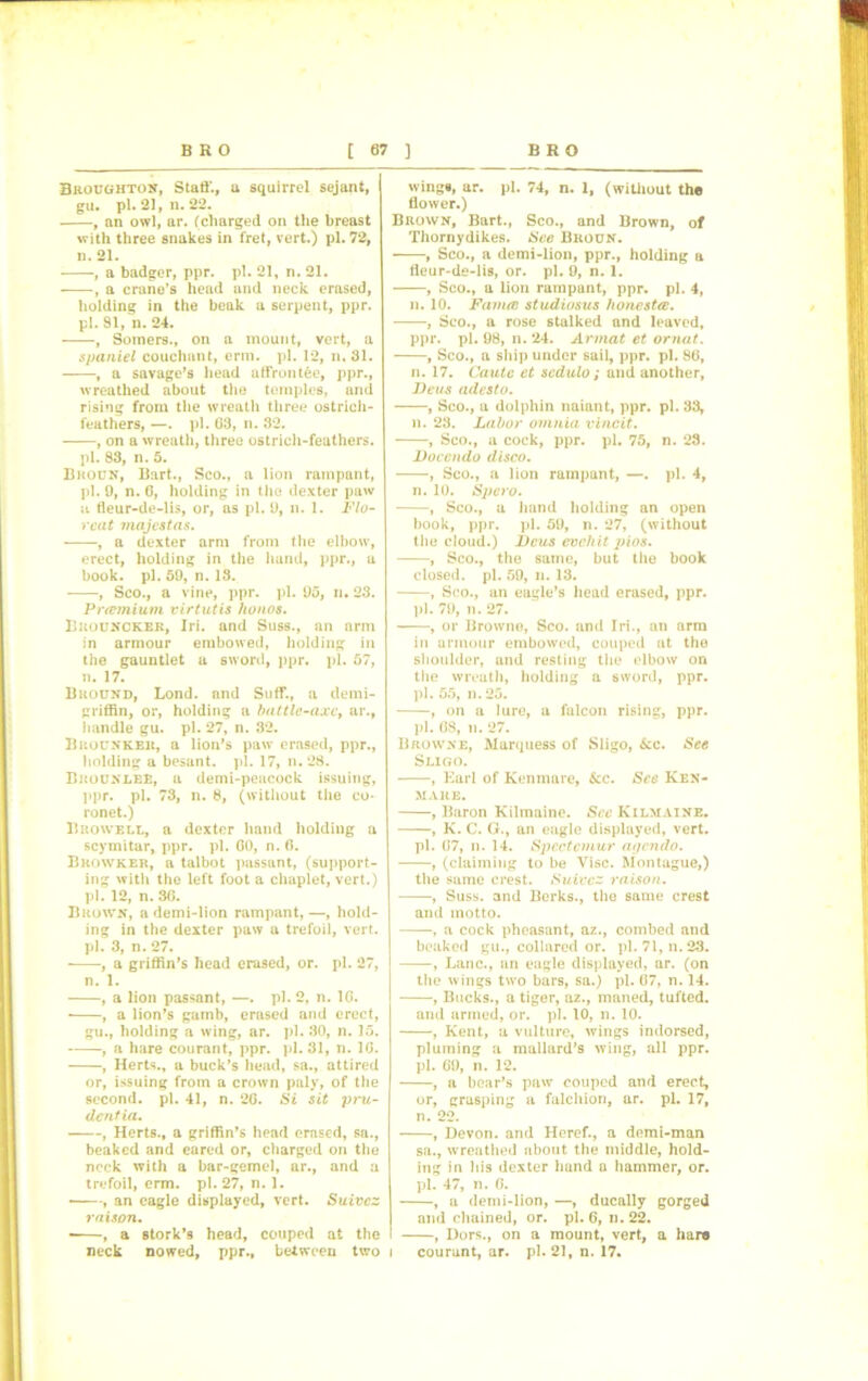 Broughton, Staff., a squirrel sejant, gu. pi. 21, n. 22. , an owl, ar. (charged on the breast with three snakes in fret, vert.) pi. 72, n. 21. , a badger, ppr. pi. 21, n. 21. , a crane’s head and neck erased, holding in the beak a serpent, ppr. pi. 81, n. 24. , Somers., on a mount, vert, a spaniel couchant, erm. pi. 12, n. 81. , a savage’s head affront fee, ppr., wreathed about the temples, and rising from the wreath three ostrich- feathers, —. pi. G3, n. 82. , on a wreath, three ostrich-feathers. pi. 83, n. 5. Broun, Bart., Sco., a lion rampant, pi. 9, n. C, holding in the dexter paw a fleur-de-lis, or, as pi. 9, n. 1. Flo- rent majcstas. , a dexter arm from the elbow, erect, holding in the hand, ppr., a book. pi. 59, n. 18. , Sco., a vine, ppr. pi. 95, n. 23. Premium virtutis honos. Bkouncker, Iri. and Suss., an arm in armour erabowed, holding in the gauntlet a sword, ppr. pi. 57, n. 17. Bkound, Lond. and SufF., a demi- griffin, or, holding a battle-axe, ar., handle gu. pi. 27, n. 32. Buouxkek, a lion’s paw erased, ppr., holding a besant. pi. 17, n. 28. Bkounlee, a demi-peaeock issuing, ppr. pi. 78, n. 8, (without the co- ronet.) Buowell, a dexter hand holding a scymitar, ppr. pi. 00, n. fi. Bkowker, a talbot passant, (support- ing with the left foot a chaplet, vert.) pi. 12, n. 30. Brown, ademi-lion rampant, —, hold- ing in the dexter paw a trefoil, vert, pi. 3, n. 27. , a griffin’s head erased, or. pi. 27, n. 1. , a lion passant, —. pi. 2, n. 1G. , a lion’s gamb, erased and erect, gu., holding a wing, ar. pi. 30, n. 15. , a hare courant, ppr. pi. 31, n. 1G. , Herts., a buck’s head, sa., attired or, issuing from a crown paly, of the second, pi. 41, n. 2G. Si sit pi'u- dentia. , Herts., a griffin’s head erased, sa., beaked and eared or, charged on the neck with a bar-gemel, ar., and a trefoil, erm. pi. 27, n. 1. , an eagle displayed, vert. Suivcz raison. • , a stork’s head, couped at the neck nowed, ppr., between two wing®, ar. pi. 74, n. 1, (without the flower.) Brown, Bart., Sco., and Brown, of Thornydikes. See Broun. , Sco., a demi-lion, ppr., holding a fleur-de-lis, or. pi. 9, n. 1. , Sco., a lion rampant, ppr. pi. 4, n. 10. Fanus studiosus honestce. , Sco., a rose stalked and leaved, ppr. pi. 98, n. 24. Armat et ornat. , Sco., a ship under sail, ppr. pi. 86, n. 17. Cautc et scdulo; and another, Bcus adesto. , Sco., a dolphin naiant, ppr. pi. 38, n. 28. Labor omnia vincit. , Sco., a cock, ppr. pi. 75, n. 28. Docendo disco. , Sco., a lion rampant, —. pi. 4, n. 10. Spcro. , Sco., a hand holding an open book, ppr. pi. 59, n. 27, (without tlie cloud.) Dcus cvchit 2>ios. , Sco., the same, but tile book closed, pi. 59, n. 13. , Sco., an eagle’s head erased, ppr. pi. 7!», n. 27. , or Browno, Sco. and Iri., an arm in armour embowed, couped at the shoulder, and resting the elbow on the wreath, holding a sword, ppr. pi. 55, n. 25. , on a lure, a falcon rising, ppr. pi. 68, n. 27. Browne, Marquess of Sligo, See. See Sligo. , Earl of Kenmare, See. See Ken- mare. , Baron Kilmaine. See Kilmaine. , K. C. G., an eagle displayed, vert. pi. G7, n. 14. Spectcmur apendo. , (claiming to be Vise. Montague,) the same crest. Suivcz raison. , Suss, and Berks., the same crest and motto. , a cock pheasant, az., combed and beaked gu., collared or. pi. 71, n. 23. , Lane., an eagle displayed, ar. (on the wings two bars, sa.) pi. 67, n. 14. , Bucks., a tiger, az., maned, tufted. and armed, or. pi. 10, n. 10. , Kent, a vulture, wings indorsed, pluming a mallard’s wing, all ppr. pi. G9, n. 12. , a bear’s paw couped and erect, or, grasping a falchion, ar. pi. 17, n. 22. , Devon, and Heref., a demi-man sa., wreathed about the middle, hold- ing in his dexter hand a hammer, or. pi. 47, n. 6. , a demi-lion, —, ducally gorged and chained, or. pi. 6, n. 22. , Dors., on a mount, vert, a hare i courant, ar. pi. 21, n. 17.