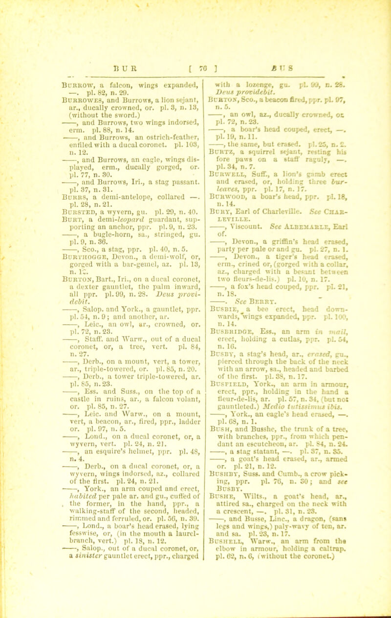 Burrow, a falcon, wings expanded, —. pi. 82, n. 20. Burrowes, and Burrows, a lion sejant, ar., ducally crowned, or. pi. 3, n. 13, (without the sword.) , and Burrows, two wings indorsed, erm. pi. 88, n. 14. , and Burrows, an ostrich-feather, entiled with a ducal coronet, pi. 103, n. 12. , and Burrows, an eagle, wings dis- played, erm., ducally gorged, or. pi. 77, n. 30. * , nnd Burrows, Iri., a stag passant. pi. 37, n. 31. Burrs, a demi-antelope, collared —. pi. 28, n. 21. Bursted, a wyvern, gu. pi. 29, n. 40. Burt, a demi-leopard guardant, sup- porting an anchor, ppr. pi. 9, n. 23. , a bugle-horn, sa., stringed, gu. pi. 9, n. 30. , Sco., a stag, ppr. pi. 40, n. 5. Burtiiogge, Devon., a demi-wolf, or, gorged with a bar-gemel, az. pi. 13, n. 1C. Burton, Bart., Iri., on a ducal coronet, a dexter gauntlet, the palm inward, all ppr. pi. 99, n. 28. Dcus provi- debit. , Salop, and York., a gauntlet, ppr. pi. 54, n. 9; and another, ar. , Leic., an owl, ar., crowned, or. pi. 72, n. 23. , Staff, and Warw., out of a ducal coronet, or, a tree, vert. pi. 84, n. 27. , Derb., on a mount, vert, a tower, ar., triple-towered, or. pi. 85, n. 20. , Derb., a tower triple-towered, ar. pi. 85, n. 23. , Ess. and Suss., on the top of a castle in ruins, ar., a falcon volant, or. pi. 85, n. 27. , Leic. and Warw., on a mount, vert, a beacon, ar., fired, ppr., ladder or. pi. 97, n. 5. , Lond., on a ducal coronet, or, a wyvern, vert. pi. 24, n. 21. , an esquire’s helmet, ppr. pi. 48, n. 4. , Derb., on a ducal coronet, or, a wyvern, wings indorsed, az., collared of the first, pi. 24, n. 21. * , York., an arm couped and erect, habited per pale ar. and gu., cuffed of . the former, in the hand, ppr., a walking-staff of the second, headed, rimmed and ferruled, or. pi. 50, n. 39. * , Lond., a boar’s head erased, lying fesswise, or, (in the mouth a laurel- branch, vert.) pi. 18, n. 12. , Salop., out of a ducal coronet, or, with a lozenge, gu. pL 99, n. 28. Deus providebit. Burton, Sco., a beacon fired, ppr. pL 97, n. 5. , an owl, az., ducally crowned, or. pi. 72, n. 23. , a boar’s head couped, erect, —. pi. 19, n. 11. , the same, but erased, pi. 25, n. 2. Burtz, a squirrel sejant, resting his fore paws on a staff raguly, —. pi. 34, n. 7. Burwell, Suff., a lion’s gnmb erect and erased, or, holding three bur- leaves, ppr. pi. 17, n. 17. Burwood, a boar’s head, ppr. pi. 18, n. 14. Bury, Earl of Charlerille. See Char- leville. , Viscount. See Albemarle, Earl of. , Devon., a griffin’s head erased, party per pale or and gu. pi. 27, n. 1. , Devon., a tiger’s head erased, erm., crined or, (gorged with a collar, az., charged with a besant between two fleurs-de-lis.) pi. 10, n. 17. , a fox’s head couped, ppr. pi. 21, n. 18. . See Berry. Busbie, a bee erect, head down- wards, wings expanded, ppr. pi. 100, n. 14. Busbridge, Ess., an arm in mail, erect, holding a cutlas, ppr. pi. 54, n. 10. Busby, a stag’s head, ar., erased, gu., pierced through the back of the neck with an arrow, sa., headed and barbed of the first, pi. 38, n. 17. Busfield, York., an arm in armour, erect, ppr., holding in the hand a fleur-de-lis, ar. pi. 57, n. 34, (but not gauntleted.) Medio tutissimus ibis. , York., an eagle's head erased, —. pi. GS, n. 1. Bush, and Busshc, the trunk of a tree, with branches, ppr., from which pen- dant an escutcheon, ar. pi. 84, n. 24. , a stag statant, —. pi. 37, n. 85. , a goat’s head erased, ar., armed or. pi. 21, n. 12. Bushby, Suss, and Cumb., a crow pick- ing, ppr. pi. 7G, n. SO; and see Busby. Bushe, Wilts., a goat’s head, ar., attired sa., charged on the neck with a crescent, —. pi. 31, n. 28. , and Busse, Line., a dragon, (sans legs and wings,) paly-wavy of ten, ar. and sa. pi. 23, n. 17. Bushell, Warw., an arm from the elbow in armour, holding a caltrap.