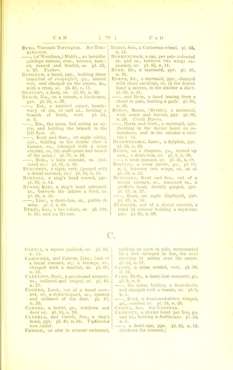 Byng, Viscount Torrington. Sec Tor- RINGTON. , (of Wrotham,) Middx., an heraldic antelope statnnt, enn., horned, tusk- ed, maned and hoofed, or. pi. 22, n. 27. Tucbor. Bingham, a hand, ppr., holding three branches of cinquefoil, gu., leaved vert, and charged on the sleeve, sa., with a cross, ar. pi. 58, n. 11. Byngley, a harp, or. pi. 91, n. 22. Byrch, Ess., on a mount, a birch-tree, ppr. pi. 94, n. 33. , Ess., a squirrel sejant, bendy- wavy of six, or and az., holding a branch of birch, vert. pi. 34, n. 2. , Ess., the same, but eating an ap- ple, and holding the branch in the left foot. ib. , Kent and Suss., an eagle rising, ppr., holding in his dexter claw a banner, az., (charged with a cross clechee, or, the stall-point and tassels of the same.) pi. 77, n. 23. , Beds., a hare courant, su. (col- lared or.) pi. 21, n. 19. Byrchett, a tiger, vert, (gorged with a ducal coronet, or.) pi. 10, n. 10. Bvrdall, a stag’s head erased, ppr. pi. 38, n. 14. Byrde, Kent, a stag’s head cabossed, ar., between the attires a bird, or. pi. 39, n. 20. , Line., a demi-lion, sa., guttee de sang. pi. 2, n. 28. Byres, Sco., a bee volant, or. pi. 100, n. 12; and sec Byers. Cabell, a square padlock, or. pi. 92, n. 15. Cabourne, and Cabron, Line., (out of a ducal coronet, or,) a lozenge, ar., charged with a martlet, sa. pi. 90, n. 13. Cabytott, Norf., a greyhound courant, az., collared and ringed, or. pi. 40, n. 27. Cacher, Lond., out of a ducal coro- net, or, a denii-leopard, ar., spotted and collared of the first, pi. 10, n. 3G. Caddel, a tower, gu., window’s and door or. pi. 85, n. 23. Caddell, and Cadell, Sco., a stag’s head, ppr. pi. 40, n. 24. Vigilantid non cadet. Caddon, an arm in armour embowed, Byres, Sco., a Catherine-wheel, pi. 93, n. 15. Byrmyncham, a cap, per pale indented ar. and sa., botween two wings ex- panded, or. pi. 95, n. 14. Byrn, Iri., a mermaid, ppr. pi. 98, n. 31. Byrne, Iri., a mermaid, ppr., charged with three escallops, or, in the dexter hand a mirror, in the sinister a dart. pi. 98, n. 31. , and Byrn, a hand issuing from a cloud in pale, holdip.g a garb. pi. 60, n. 29. Byron, Baron, (Byron); a mermaid, with comb and mirror, ppr. pi. 86, n. 23. Crcdc Byron. , Herts, and Surr., a mermaid, ppr. (holding in the dexter hand an es- cutcheon, and in the sinister a mir- ror.) ib. Byrtwtiysell, Lane., a dolphin, ppr. pi. 33, n. 23. Byshe, on a chapeau, gu., turned up erm., a demi-lion, or. pi. 3, n. 38. , a mule passant, ar. pi. 41, n. 18. Bystley, a cross pattfee, gu., pi. 87, n. 5, between two wings, or, as at 1>1. 73, n. 25. Bythesea, Kent and Sco., out of a mural coronet, ar., masoned sa., a griffin’s head, ducally gorged, ppr. pi. 27, n. 27. , Kent, an eagle displayed, ppr. pi. 67, n. 14. Bywater, out of a ducal coronet, a hand in armour holding a scymitar, ppr. pi. 61, n. 23. holding an arow in pale, surmounted by a bow stringed in fess, the cord crossing in saltier over the arrow, pi. 62, n. 17. Caddy, a cross croslet, vert. pi. 99, n. 12. Cade, Dcrb., a demi-lion rampant, gu. pi. 9, n. 9. , the same, holding a fleur-de-lis, and charged with a besant, or. pi. 9, n. 1. • , Kent, a demi-cockatrice, winged, gu., combed or. pi. 24, n. 29. Cadell, Sco. See Caddell. Cadicott, a dexter hand per fess, gu. and ar., holding a battle-axe. pi. 59, n. 8. , a demi-ape, ppr. pi. 33, n. 13, (without the coronet.)