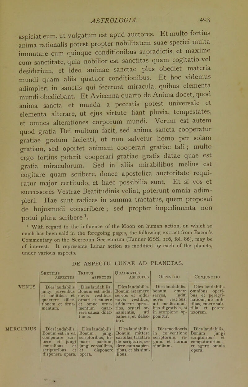 aspiciat eum, ut vulgatum est apud auctores. Et multo fortius anima rationalis potest propter nobilitatem suae speciei multa immutare cum quinque conditionibus supradictis et maximc cum sanctitate, quia nobilior est sanctitas quam cogitatio vel desiderium, et ideo animae sanctae plus obediet materia mundi quam aliis quatuor conditionibus. Et hoc videmus adimpleri in sanctis qui fecerunt miracula, quibus elementa mundi obediebant. Et Avicenna quarto de Anima docet, quod anima sancta et munda a peccatis potest universale et elementa alterare, ut ejus virtute fiant pluvia, tempestates, et omnes alterationes corporum mundi. Verum est autem quod gratia Dei multum facit, sed anima sancta coopeiatui gratiae gratum facienti, ut non salvetur homo per solam gratiam, sed oportet animam cooperari gratiae tali; multo ergo fortius poterit cooperari gratiae gratis datae quae est gratia miraculorum. Sed in aliis mirabilibus melius est cogitare quam scribere, donee apostolica auctoritate requi- ratur major certitudo, et haec possibilia sunt. Et si vos et successores Vestrae Beatitudinis velint, poterunt omnia adim- pleri. Hae sunt radices in summa tractatus, quern proposui de hujusmodi conscribere; sed propter impedimenta non potui plura scribere1. 1 With regard to the influence of the Moon on human action, on which so much has been said in the foregoing pages, the following extract from Bacon’s Commentary on the Secretum Secretorum (Tanner MSS. 116, fol. 86), may be of interest. It represents Lunar action as modified by each of the planets, under various aspects. DE ASPECTU LUNAE AD PLANETAS. VENUS Sextilis ASPECTUS Trinus ASPECTUS Dies laudabilis jungi juvenibus et mifitibus et quaerere dilec- tionem et orna- mentuin. Dies laudabilis. Bonum est indui novis vestibus, ornari et nubere et omne orna- mentum auae- rere causa clilec- tionis. Quadratus ASFECTUS Dies laudabilis. Bonum esteraere servos et indui novis vestibus, adducerc opera- rios, ornan or- namentis, uti balneis, et delec- tari. Oppositio CONJUNCTIO Dies laudabilis, bonum emere servos, indui novis vestibus, uti medicamini- bus digestivis, si in scorpione op- ponitur. Dies laudabilis omnibus operi- bus et peregri- nationi, uti mili- tibus, emere sub- tilia, et petere uxorem. MERCURIUS Dies laudabilis. Bonum est in ea computare scri- bere et jungi consulibus et scriptoribus et disponere opera- Dies laudabilis. Bonum jungi scriptoribus, fir- mare pactum, jungi consulibus, et disponere opera. Dies laudabilis. Bonum mittere cartulas,tractare de scripturis, se- dere cum sapien- tibus, et his simi- I libus. Diesmediocris in conventione scriptorum, re- gum, et liorum similium. Dies laudabilis. Bonum jungi scriptoribus «*t computatoribus, et age re omnia opera.