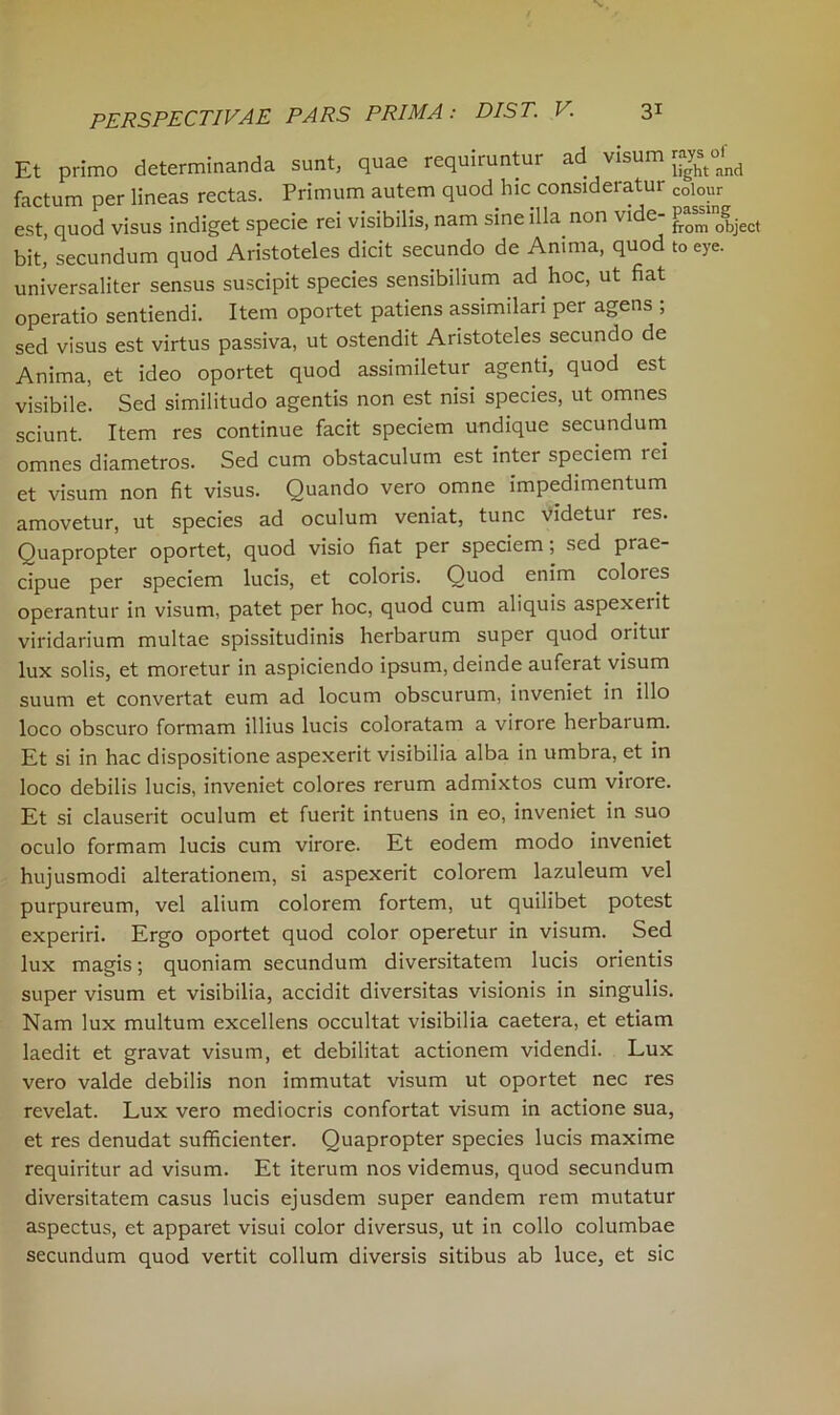 Et primo determinanda sunt, quae requiruntur ad visum ray^of^ factum per lineas rectas. Primum autem quod hie consideratur colour est, quod visus indiget specie rei visibilis, nam sine ilia non vide- P^g bit,’ secundum quod Aristoteles dicit secundo de Anima, quod to eye. universaliter sensus suscipit species sensibilium ad hoc, ut fiat operatio sentiendi. Item oportet patiens assimilari per agens ; sed visus est virtus passiva, ut ostendit Aristoteles secundo de Anima, et ideo oportet quod assimiletur agenti, quod est visibile. Sed similitudo agentis non est nisi species, ut omnes sciunt. Item res continue facit speciem undique secundum omnes diametros. Sed cum obstaculum est inter speciem rei et visum non fit visus. Quando vero omne impedimentum amovetur, ut species ad oculum veniat, tunc videtur res. Quapropter oportet, quod visio fiat per speciem; sed prae- cipue per speciem lucis, et coloris. Quod enim colores operantur in visum, patet per hoc, quod cum aliquis aspexeiit viridarium multae spissitudinis herbarum super quod oritur lux solis, et moretur in aspiciendo ipsum, deinde auferat visum suum et convertat eum ad locum obscurum, inveniet in illo loco obscuro formam illius lucis coloratam a virore herbarum. Et si in hac dispositione aspexerit visibilia alba in umbra, et in loco debilis lucis, inveniet colores rerum admixtos cum virore. Et si clauserit oculum et fuerit intuens in eo, inveniet in suo oculo formam lucis cum virore. Et eodem modo inveniet hujusmodi alterationem, si aspexerit colorem lazuleum vel purpureum, vel alium colorem fortem, ut quilibet potest experiri. Ergo oportet quod color operetur in visum. Sed lux magis; quoniam secundum diversitatem lucis orientis super visum et visibilia, accidit diversitas visionis in singulis. Nam lux multum excellens occultat visibilia caetera, et etiam laedit et gravat visum, et debilitat actionem videndi. Lux vero valde debilis non immutat visum ut oportet nec res revelat. Lux vero mediocris confortat visum in actione sua, et res denudat sufficienter. Quapropter species lucis maxime requiritur ad visum. Et iterum nos videmus, quod secundum diversitatem casus lucis ejusdem super eandem rem mutatur aspectus, et apparet visui color diversus, ut in collo columbae secundum quod vertit collum diversis sitibus ab luce, et sic