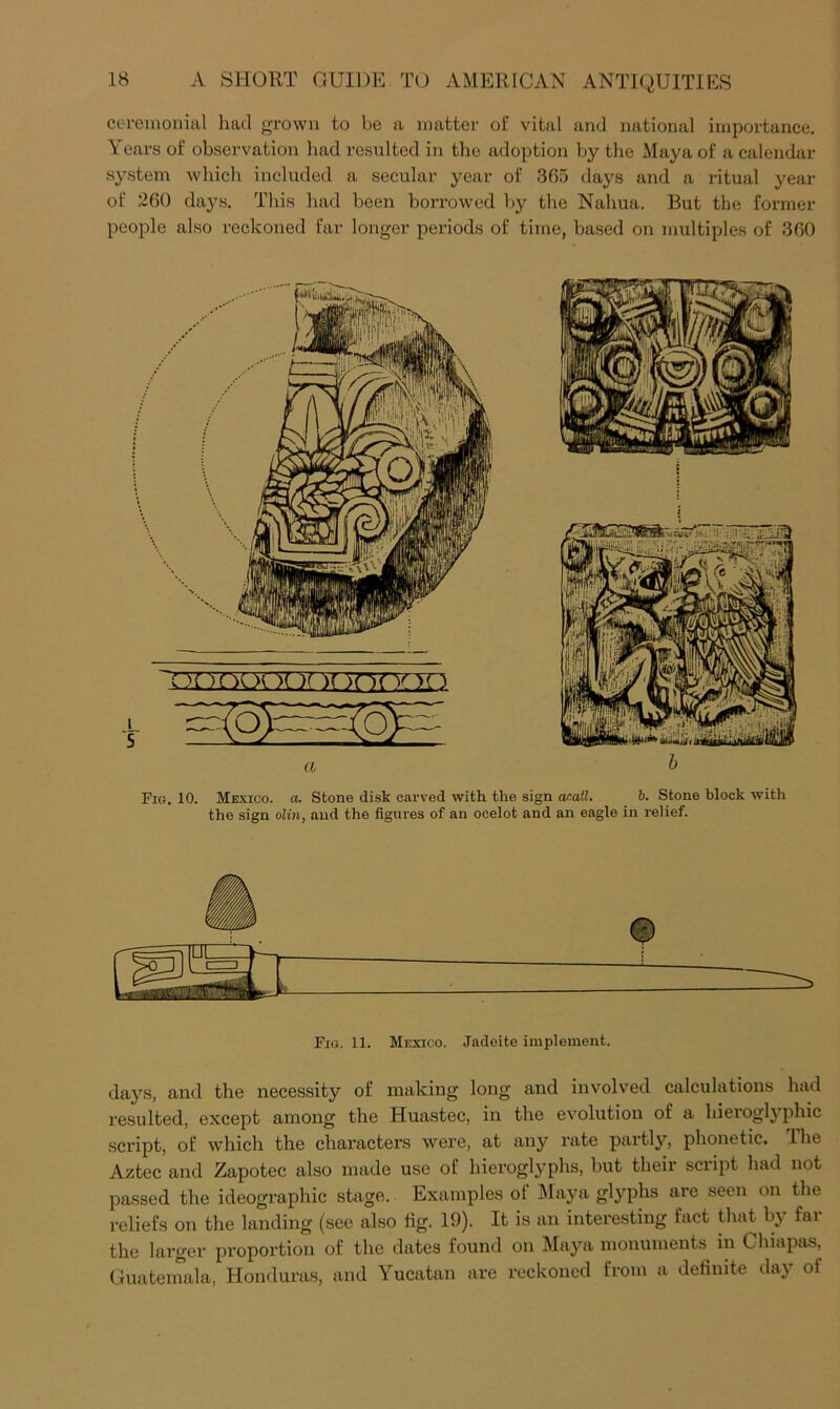 ceremonial had grown to be a matter of vital and national importance. Years of observation had resulted in the adoption by the Maya of a calendar system which included a secular year of 365 days and a ritual year of 260 days. This had been borrowed Ijy the Nahua. But the former people also reckoned far longer periods of time, based on multiples of 360 )i)nfvyn a Fig. 10. Mexico, a. Stone disk carved with the sign acail. b. Stone block with the sign olin, and the figures of an ocelot and an eagle in relief. Fig. 11. Mexico. Jadeite implement. days, and the necessity of making long and involved calculations had resulted, except among the Huastec, in the evolution of a hieroglj’phic script, of which the characters were, at any rate partly, phonetic, dhe Aztec and Zapotec also made use of hieroglyphs, but their sciipt had not passed the ideographic stage. Examples of Maya glyphs are seen on the reliefs on the landing (see also fig. 19). It is an interesting fact that by far the larger proportion of the dates found on Maya monuments in Chiapas. Guatemala, Honduras, and Yucatan are reckoned from a definite day of